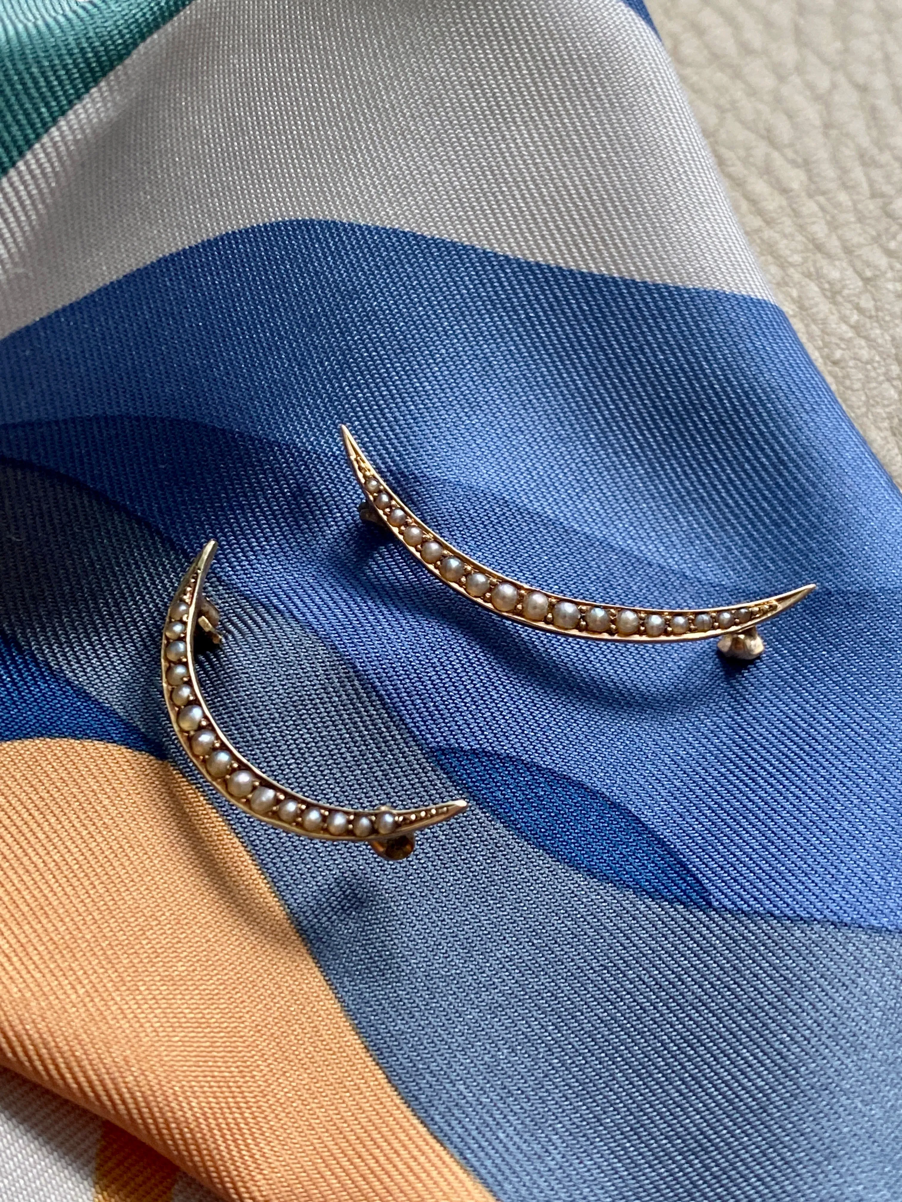 14k Gold Antique Graduated Seed Pearl Crescent Moon Pair of Brooches - Medium & Large