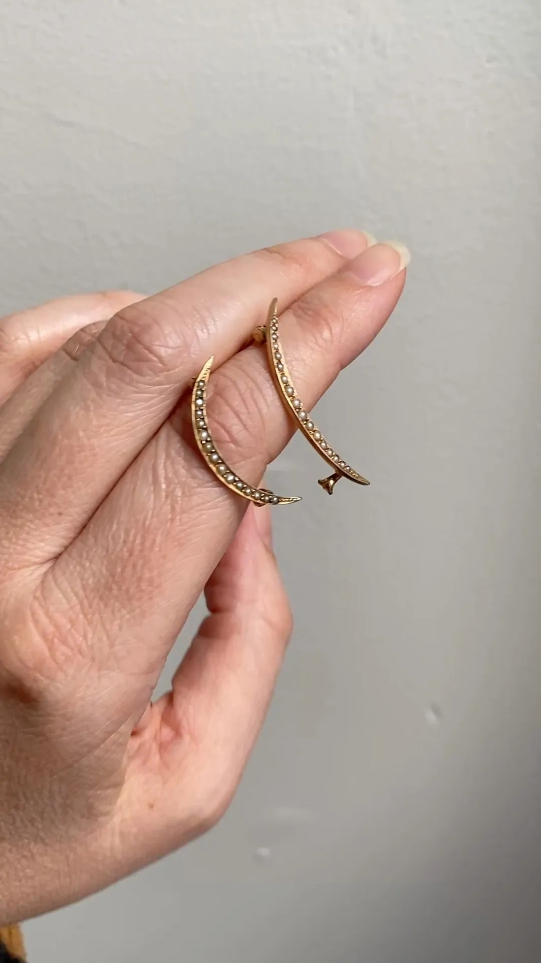 14k Gold Antique Graduated Seed Pearl Crescent Moon Pair of Brooches - Medium & Large