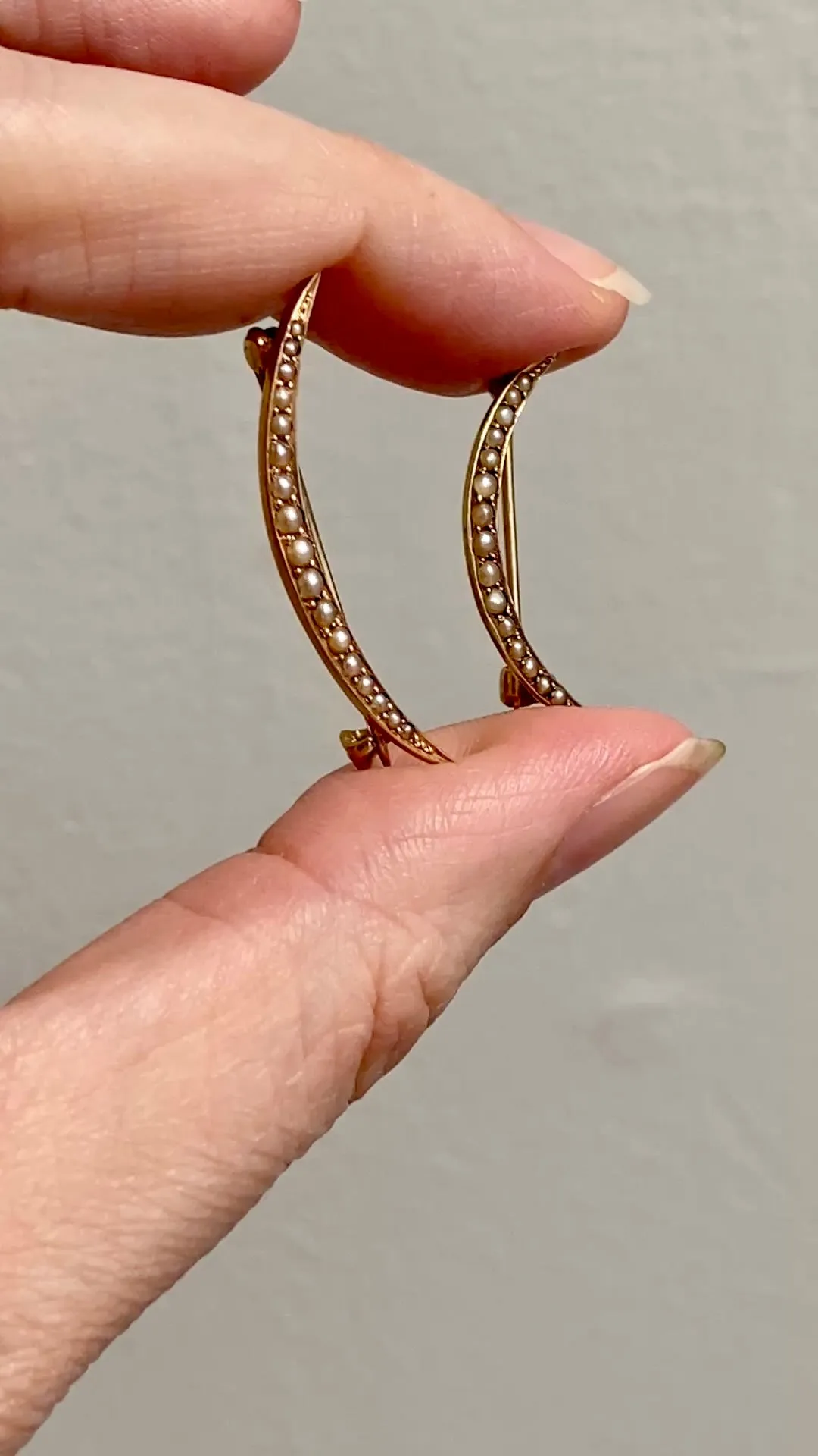 14k Gold Antique Graduated Seed Pearl Crescent Moon Pair of Brooches - Medium & Large