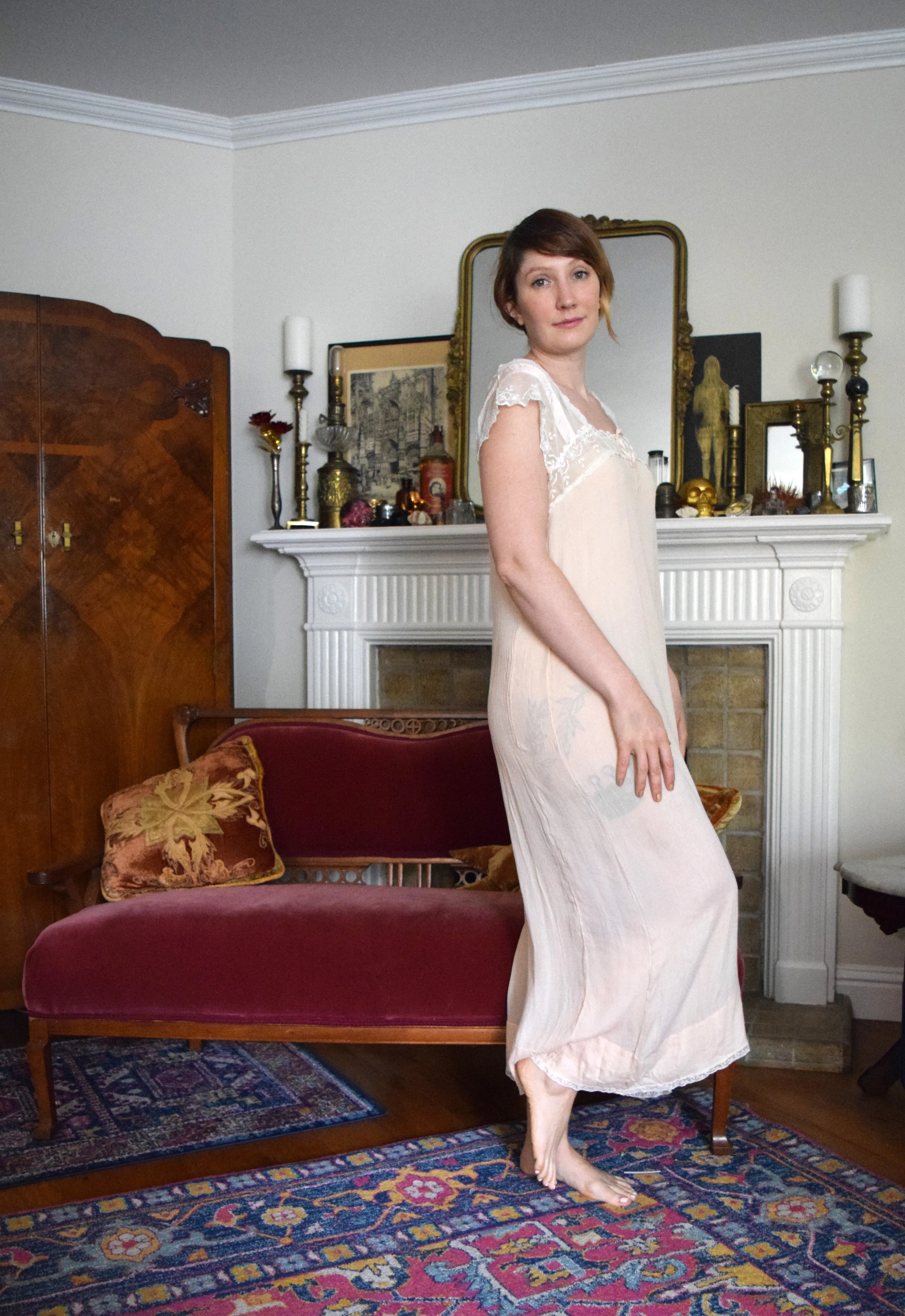 1920s silk chiffon and lace chemise dress . size small to m/l