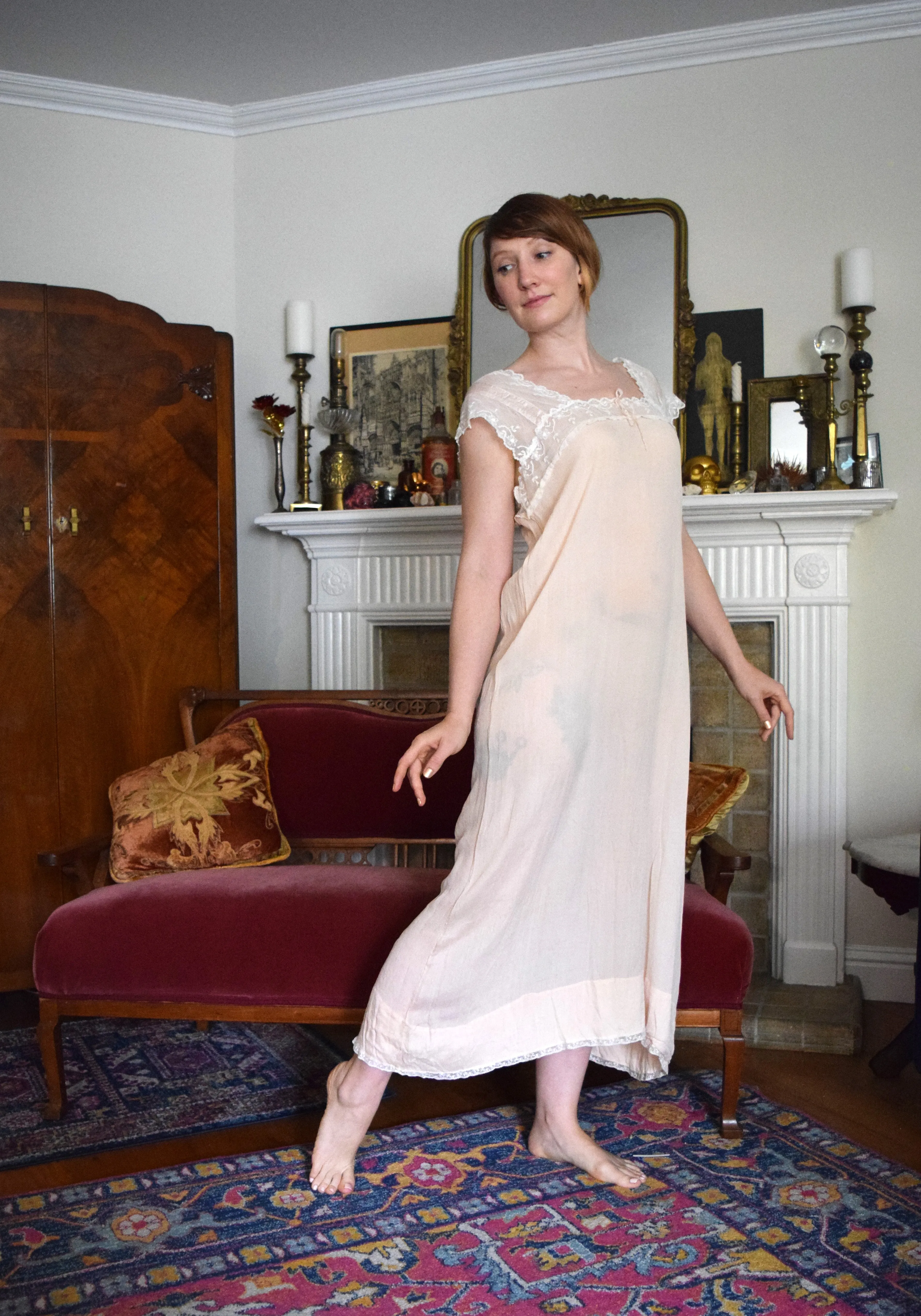 1920s silk chiffon and lace chemise dress . size small to m/l
