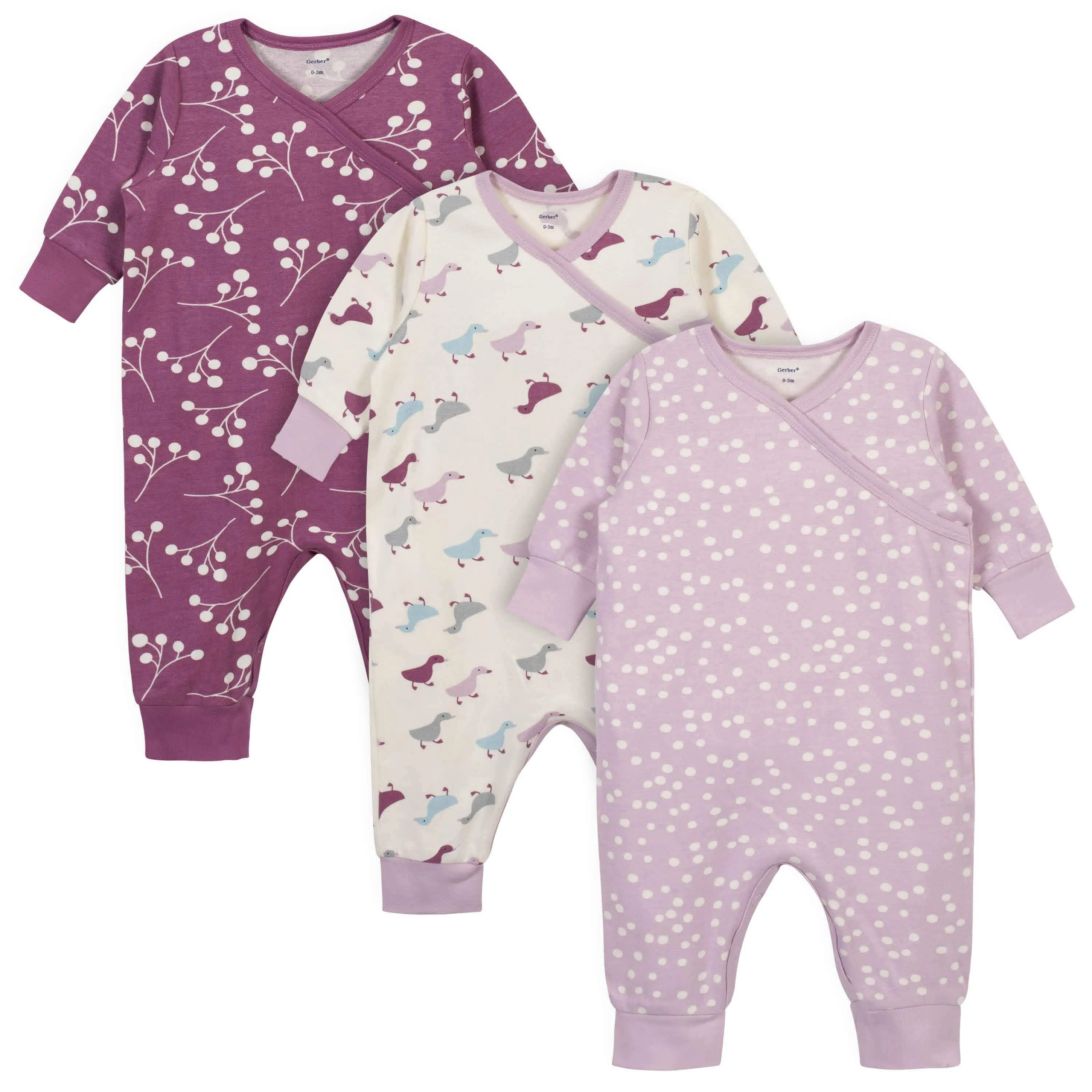 3-Piece Baby Girls Comfy Stretch Ducklings Coverall Set