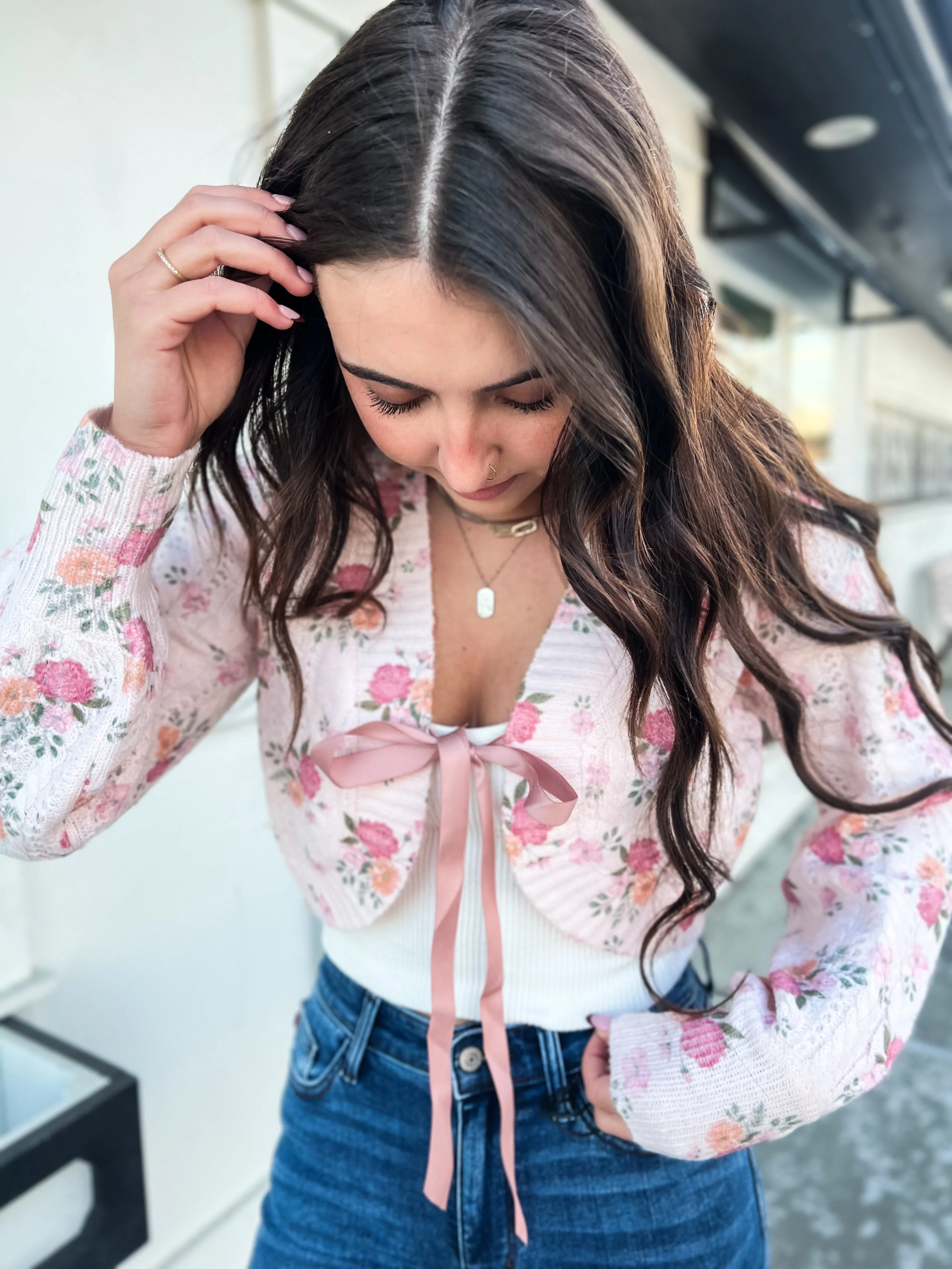 Adrinna Floral Bouquet Satin Tie Cardigan
