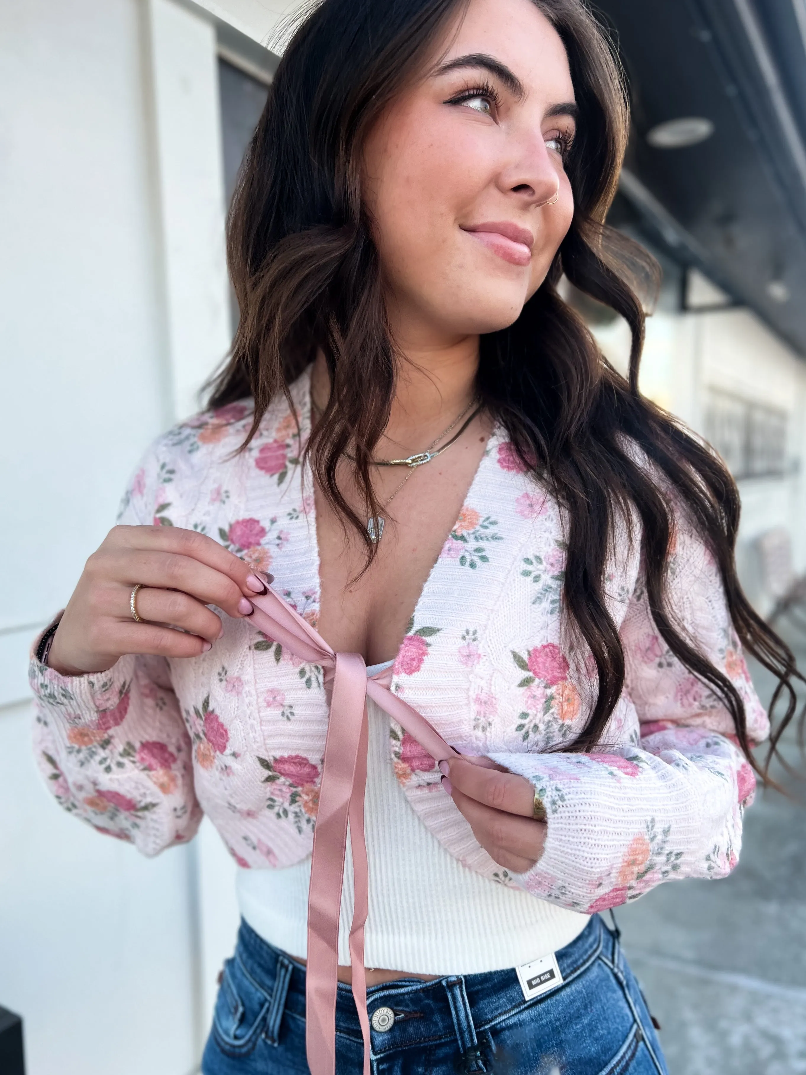 Adrinna Floral Bouquet Satin Tie Cardigan