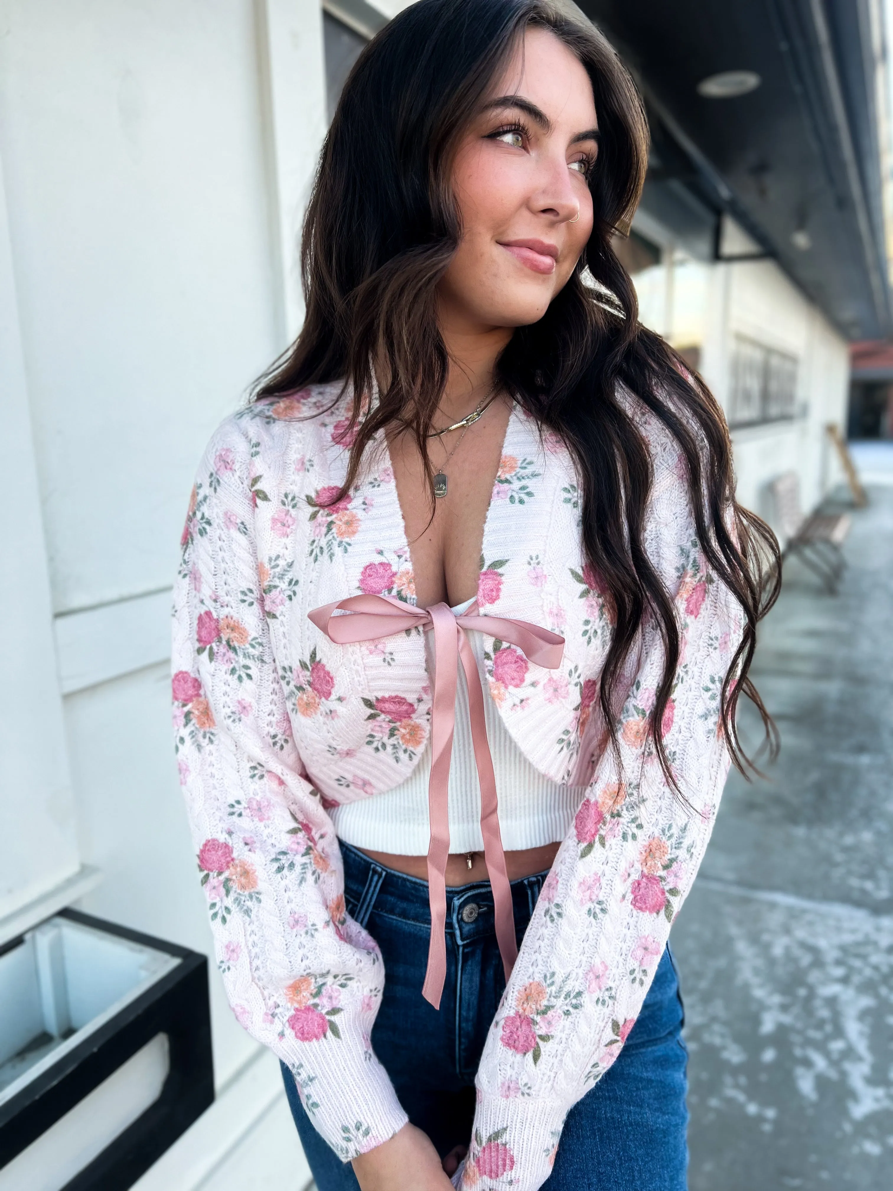 Adrinna Floral Bouquet Satin Tie Cardigan