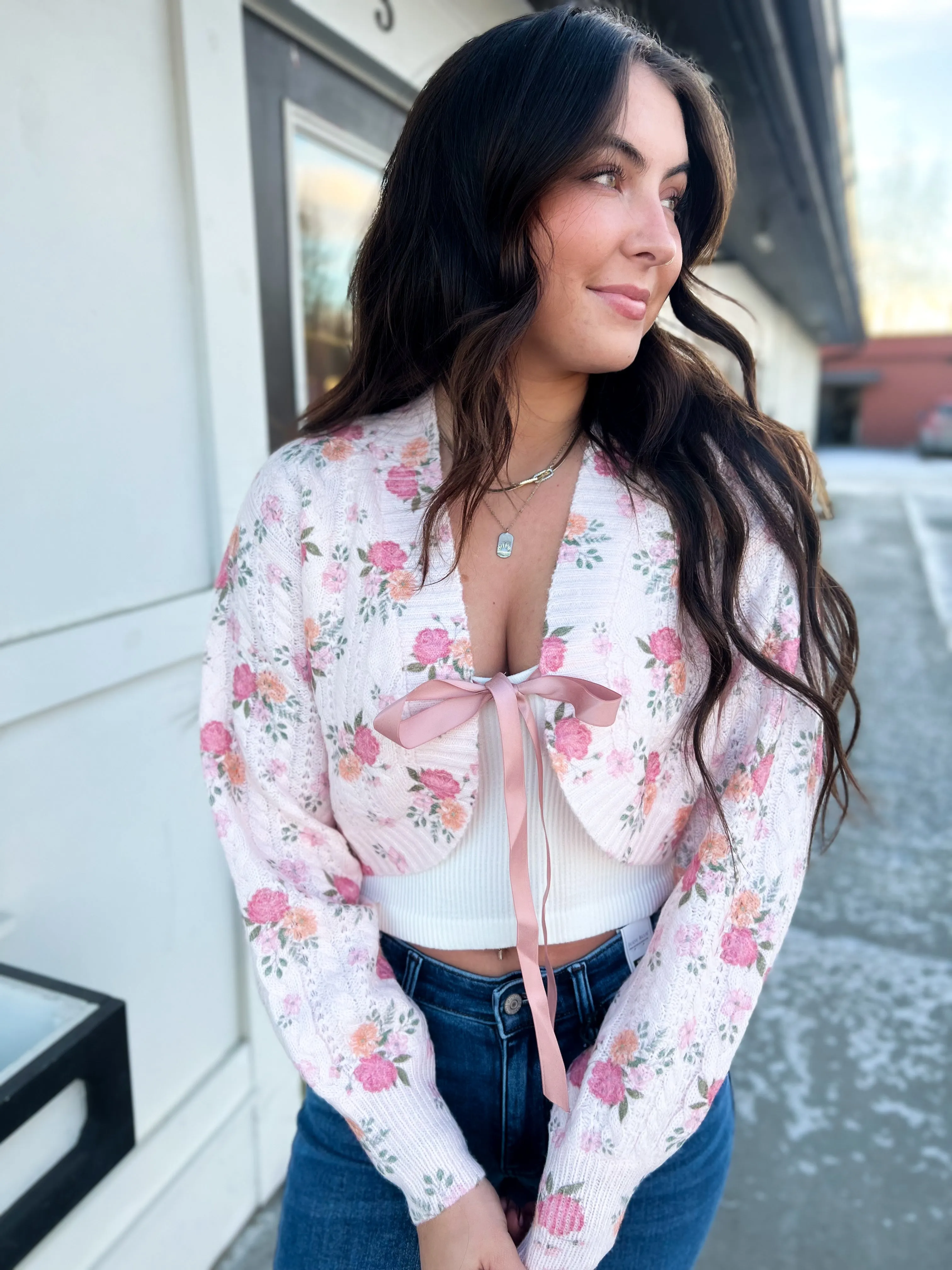 Adrinna Floral Bouquet Satin Tie Cardigan