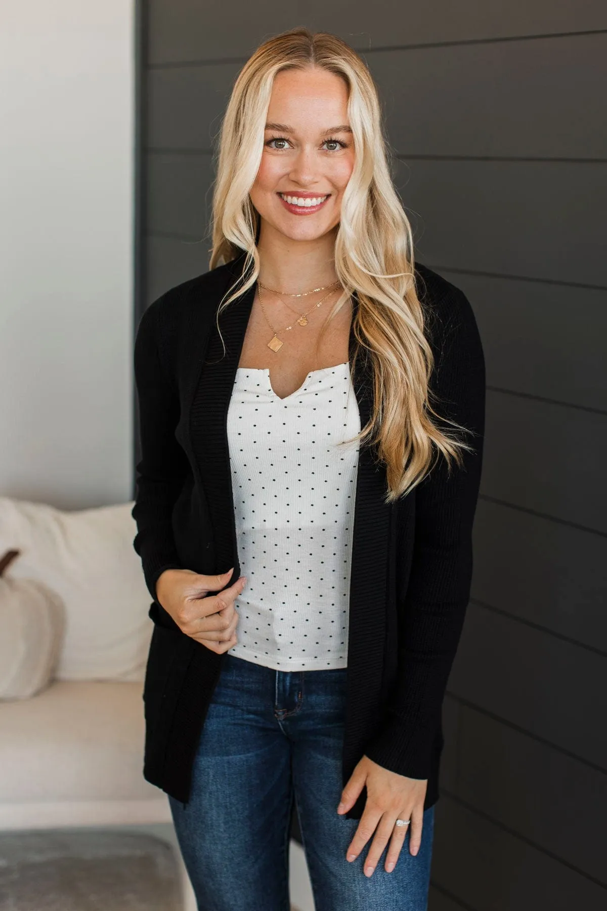 An Afternoon Out Waffle Knit Cardigan- Black