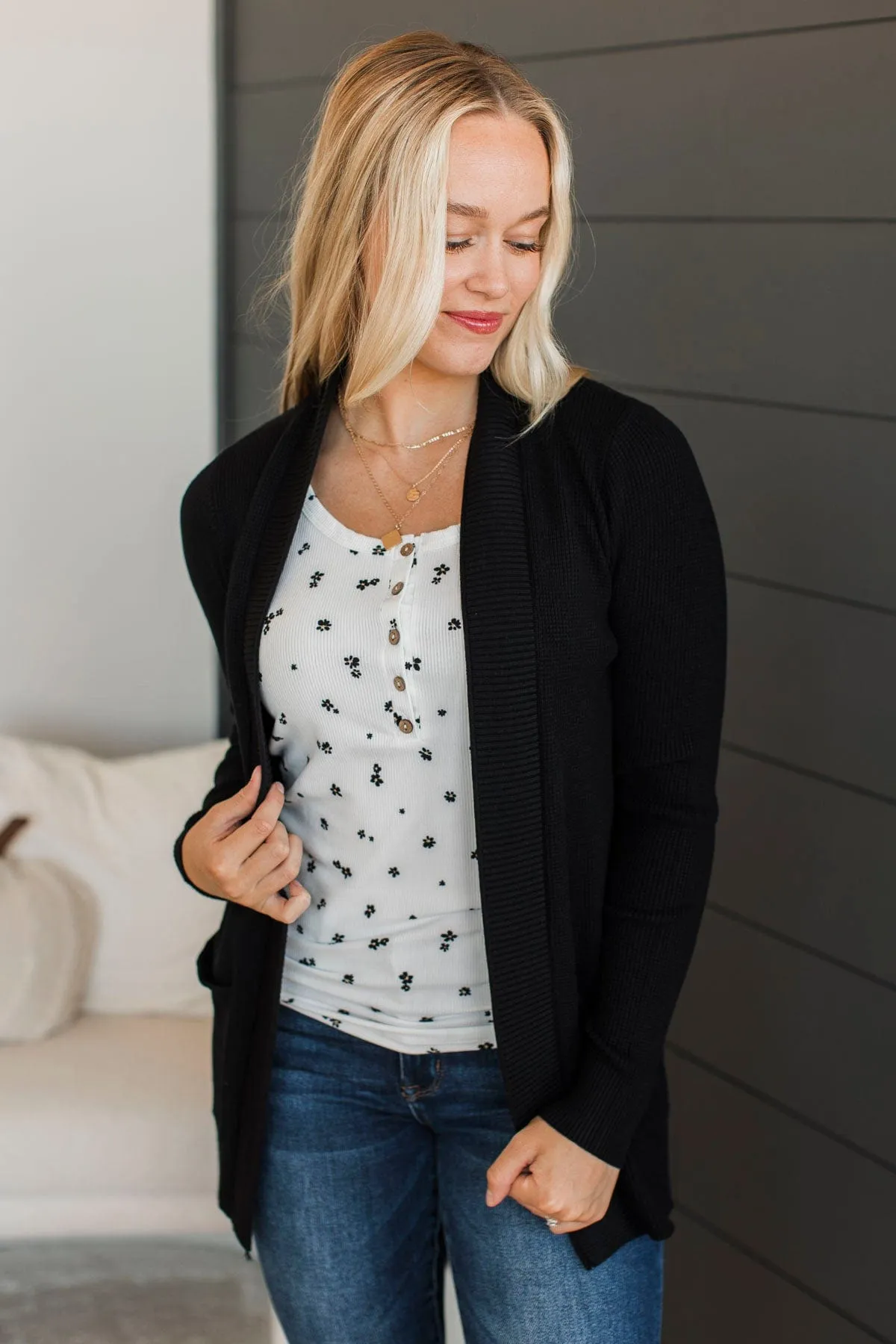 An Afternoon Out Waffle Knit Cardigan- Black