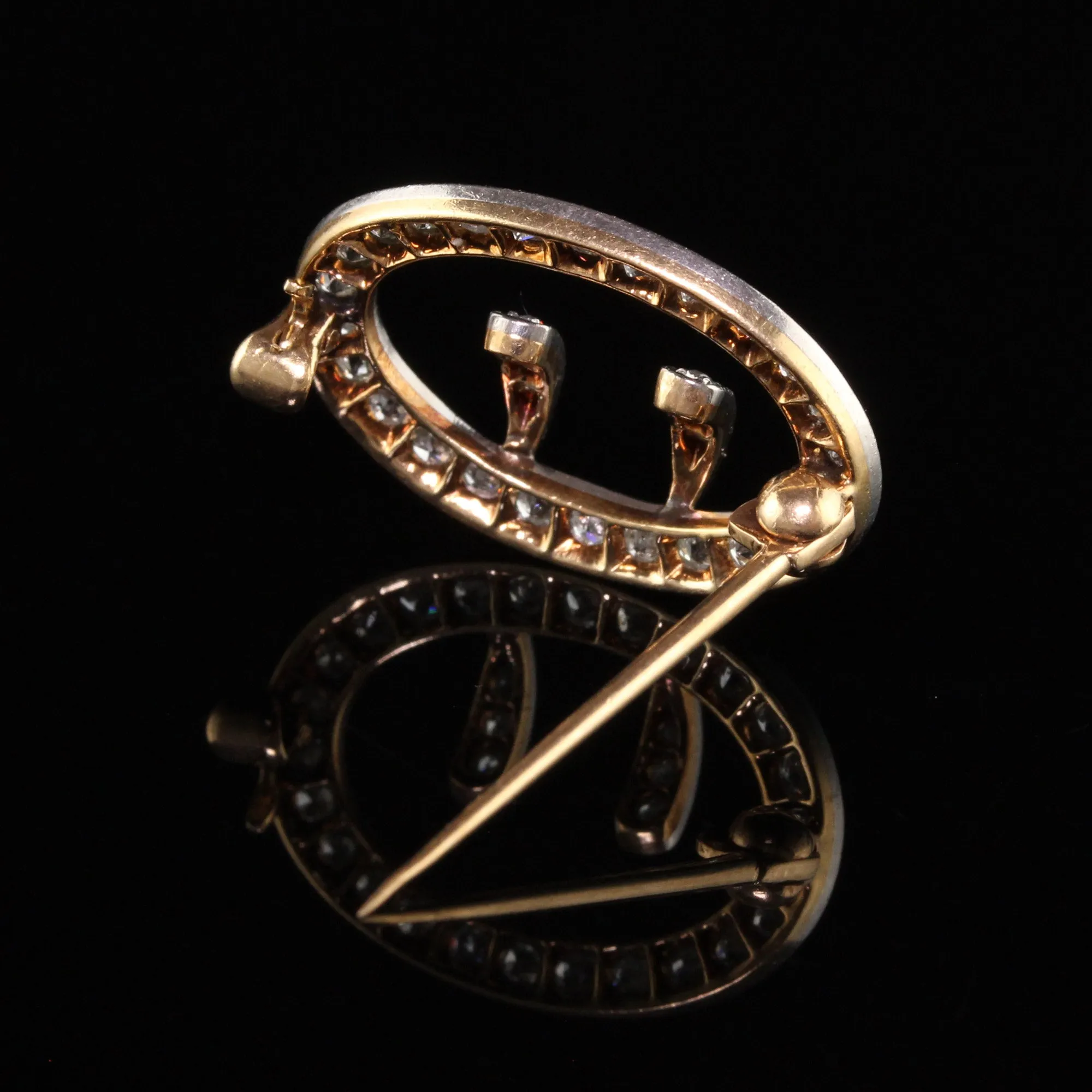 Antique Art Deco 18K Yellow Gold Platinum Old Mine Diamond Buckle Pin