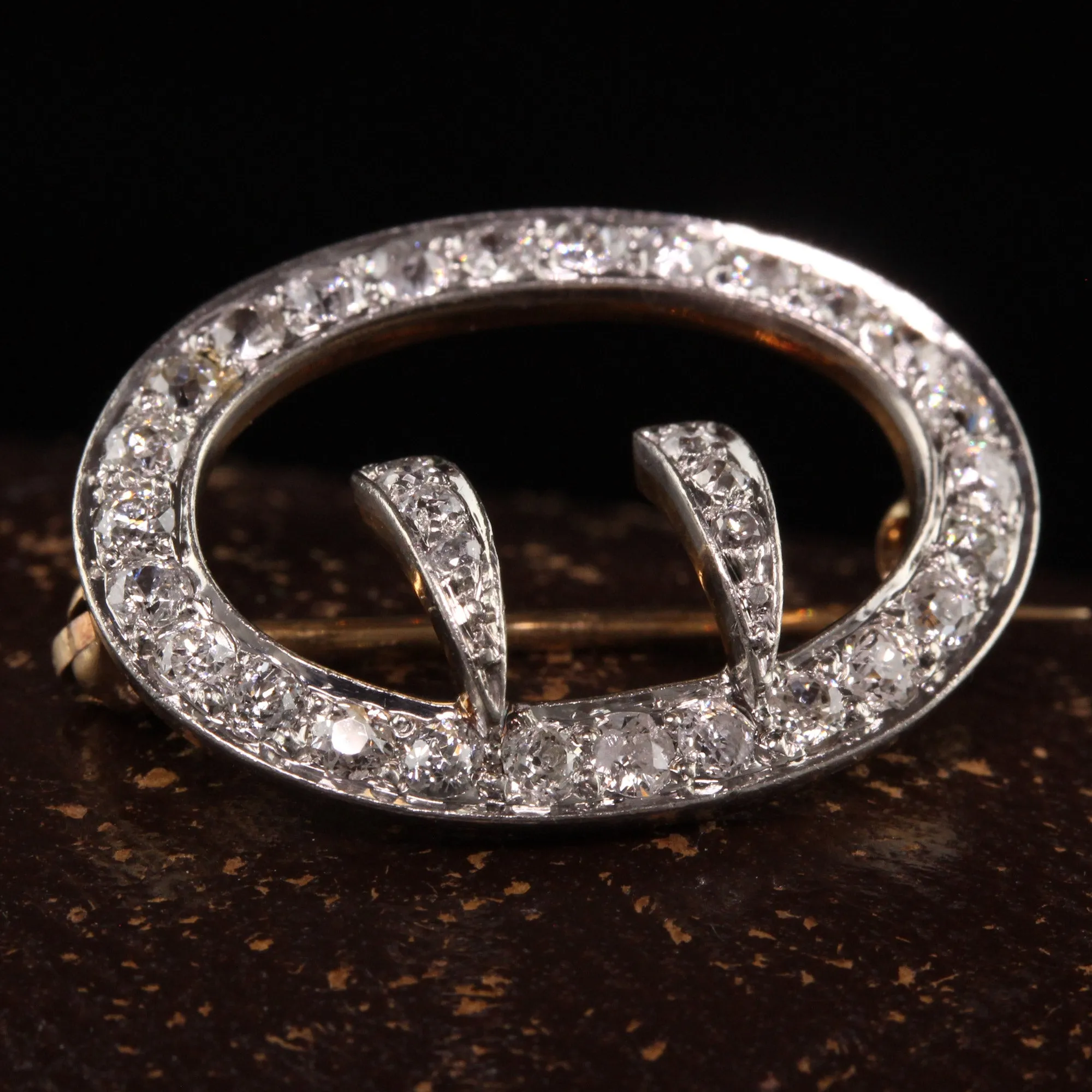 Antique Art Deco 18K Yellow Gold Platinum Old Mine Diamond Buckle Pin