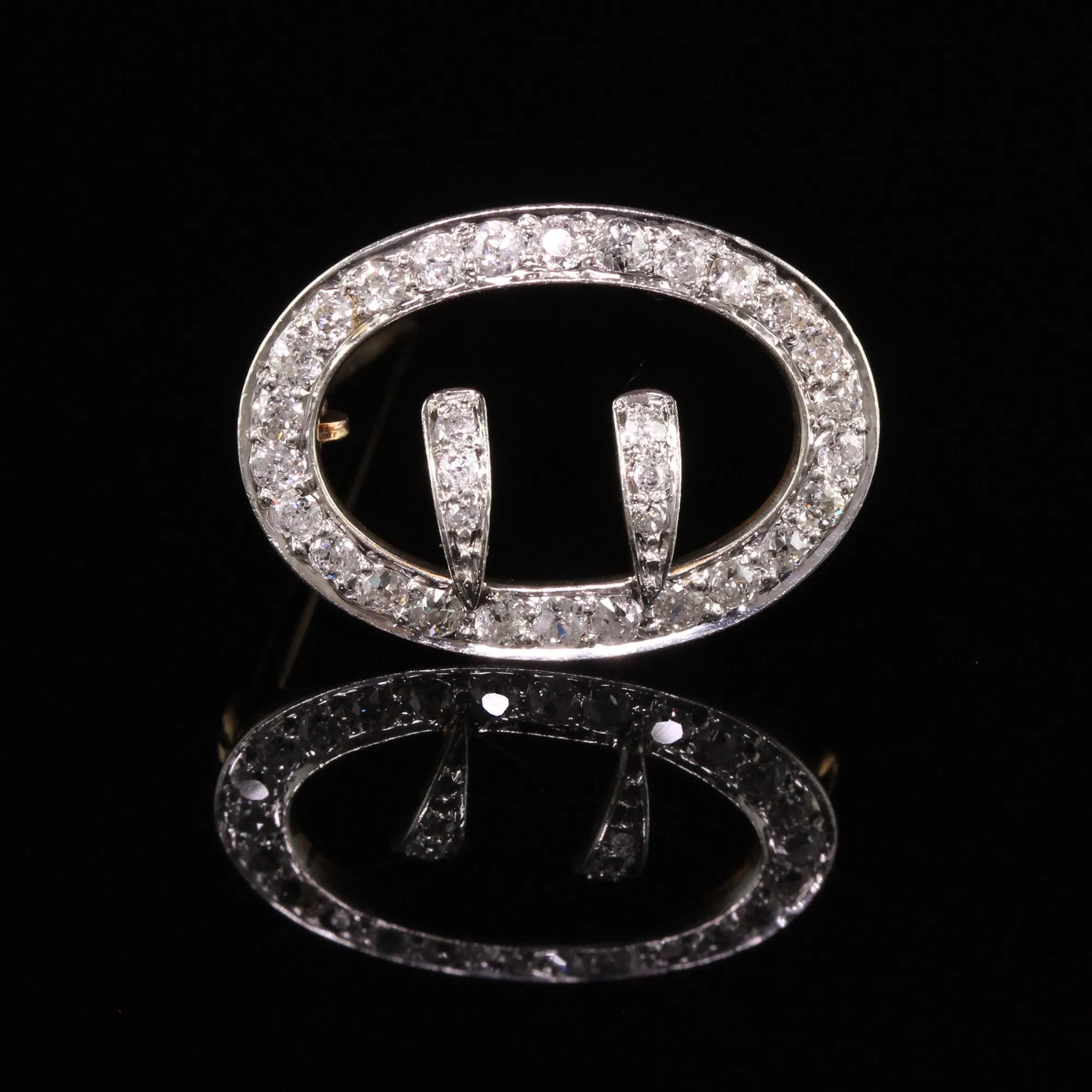 Antique Art Deco 18K Yellow Gold Platinum Old Mine Diamond Buckle Pin