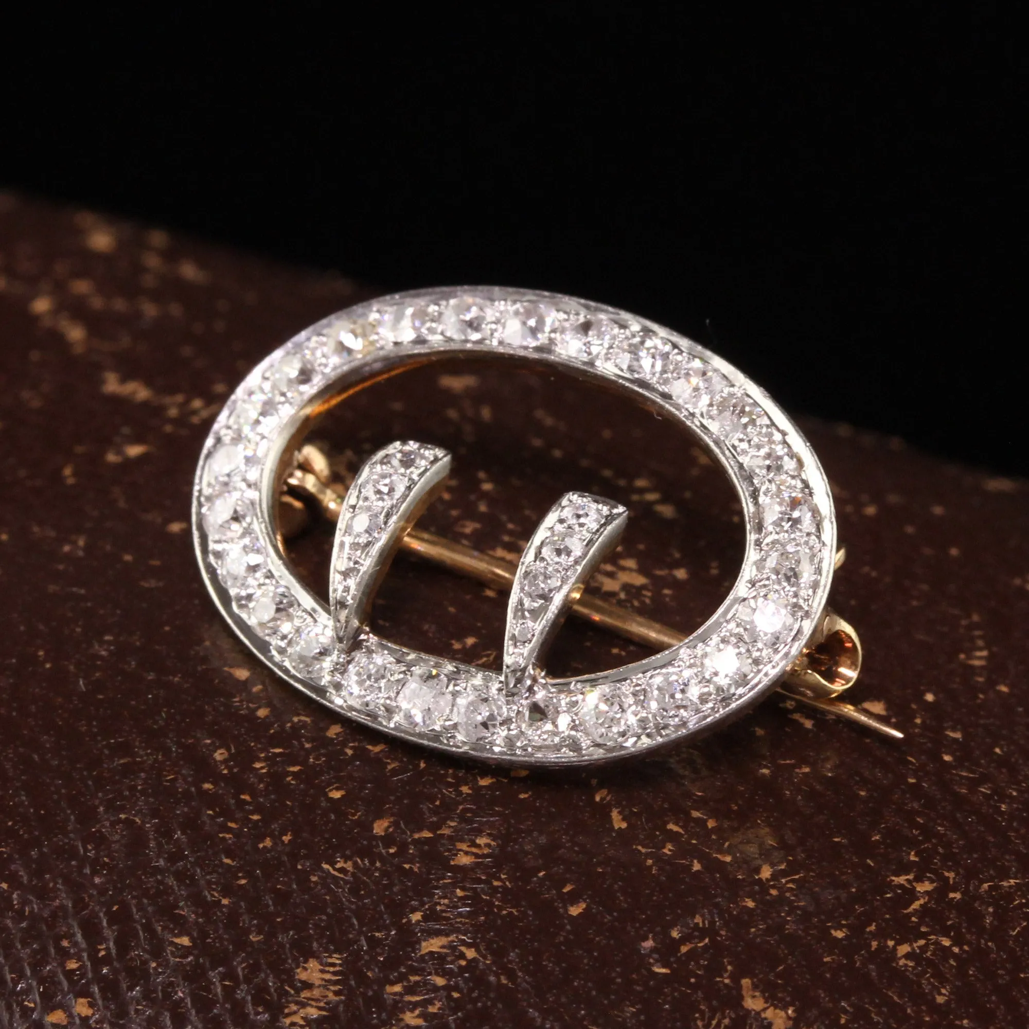 Antique Art Deco 18K Yellow Gold Platinum Old Mine Diamond Buckle Pin