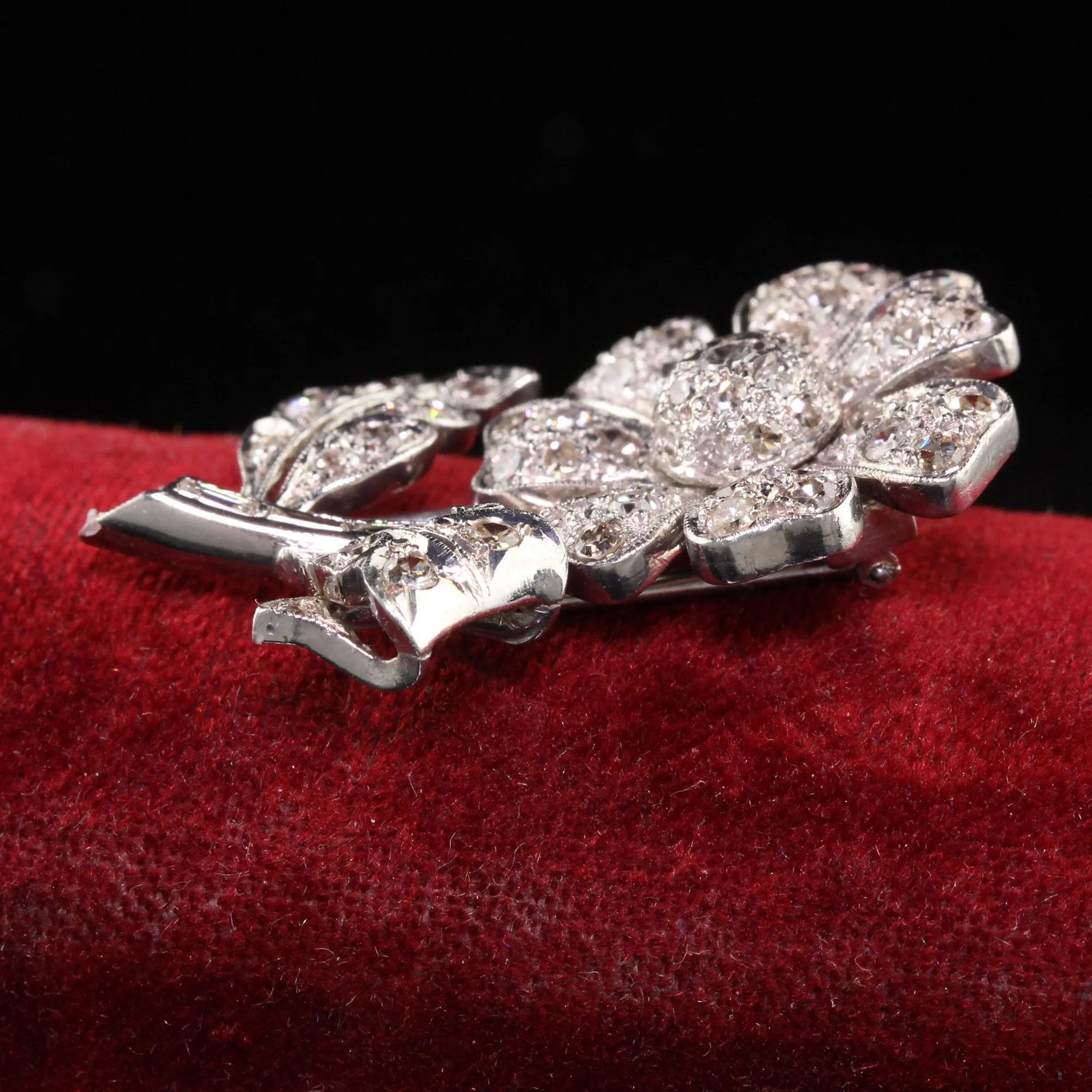 Antique Art Deco Platinum Walser Wald Single Cut Diamond Flower Pin