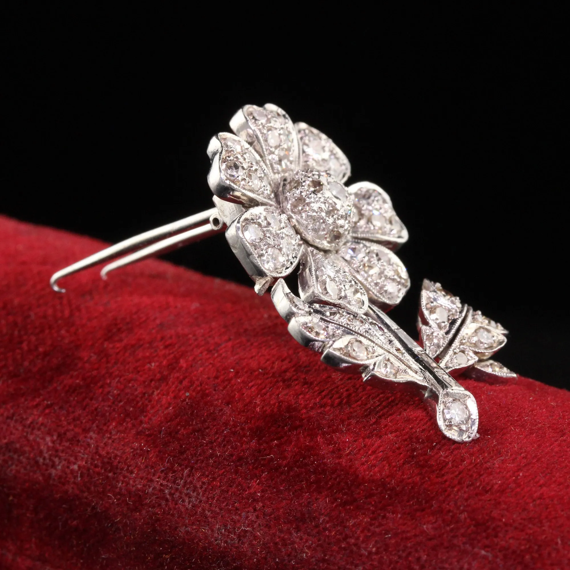 Antique Art Deco Platinum Walser Wald Single Cut Diamond Flower Pin