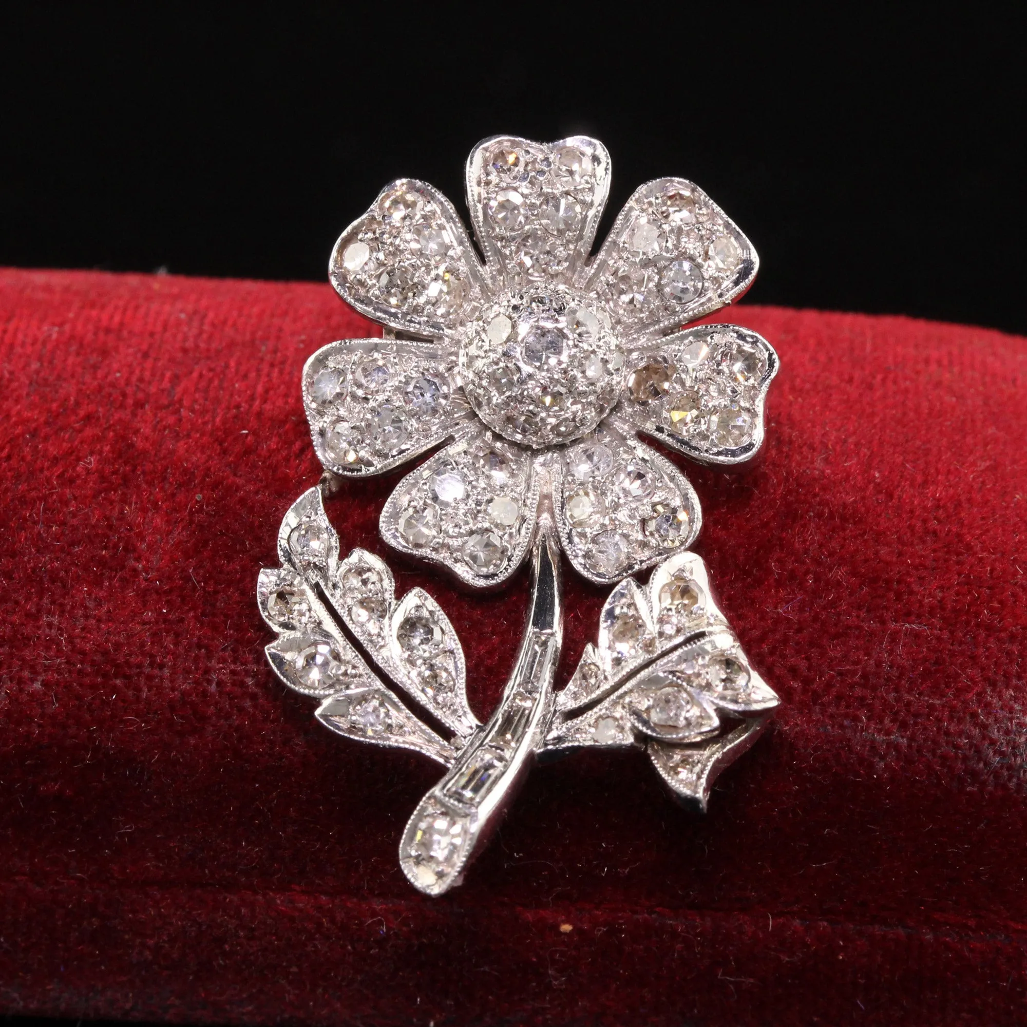 Antique Art Deco Platinum Walser Wald Single Cut Diamond Flower Pin
