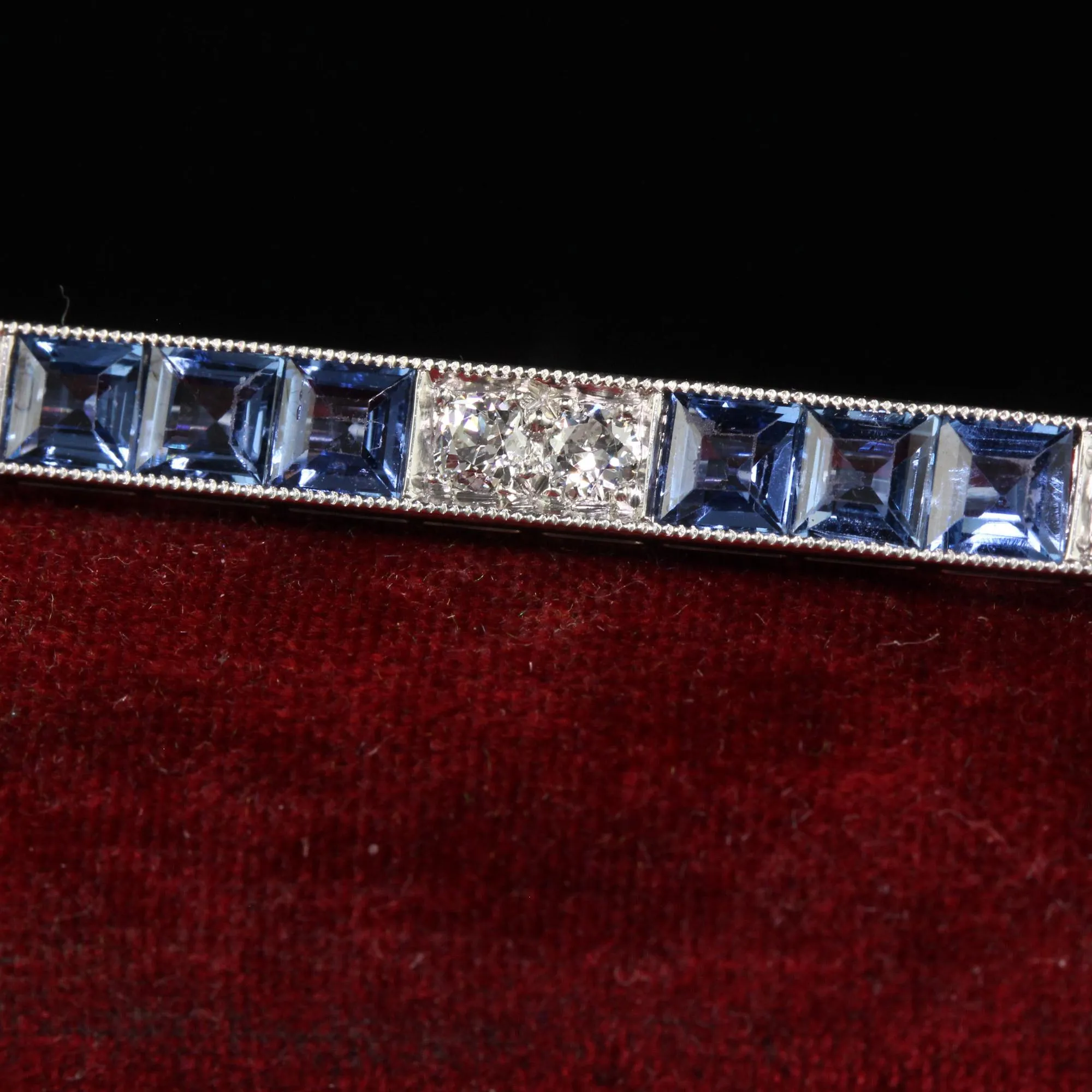 Antique Art Deco Platinum Yogo Gulch Sapphire Old Euro Diamond Bar Pin - GIA
