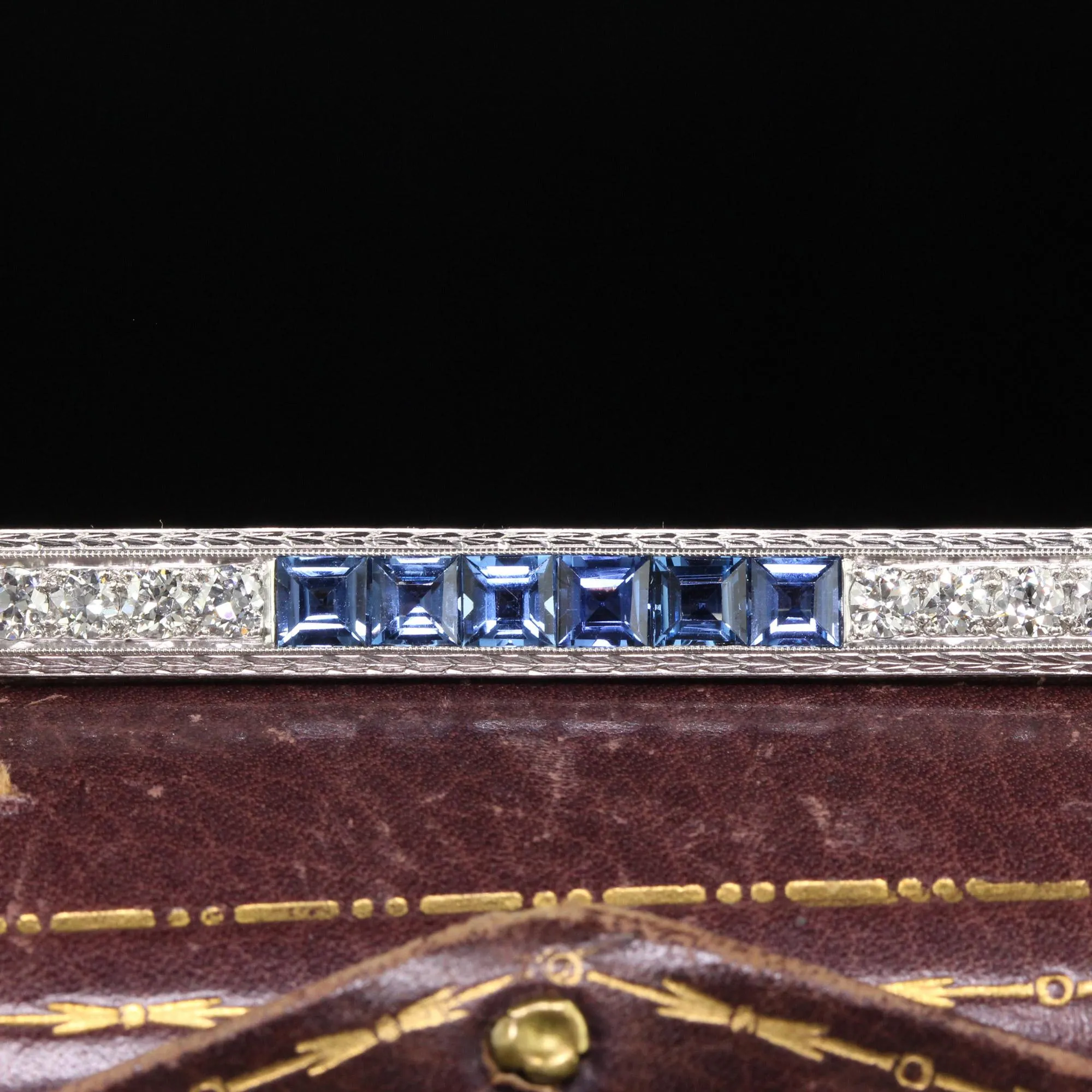 Antique Art Deco Platinum Yogo Gulch Sapphire Old Euro Diamond Bar Pin - GIA