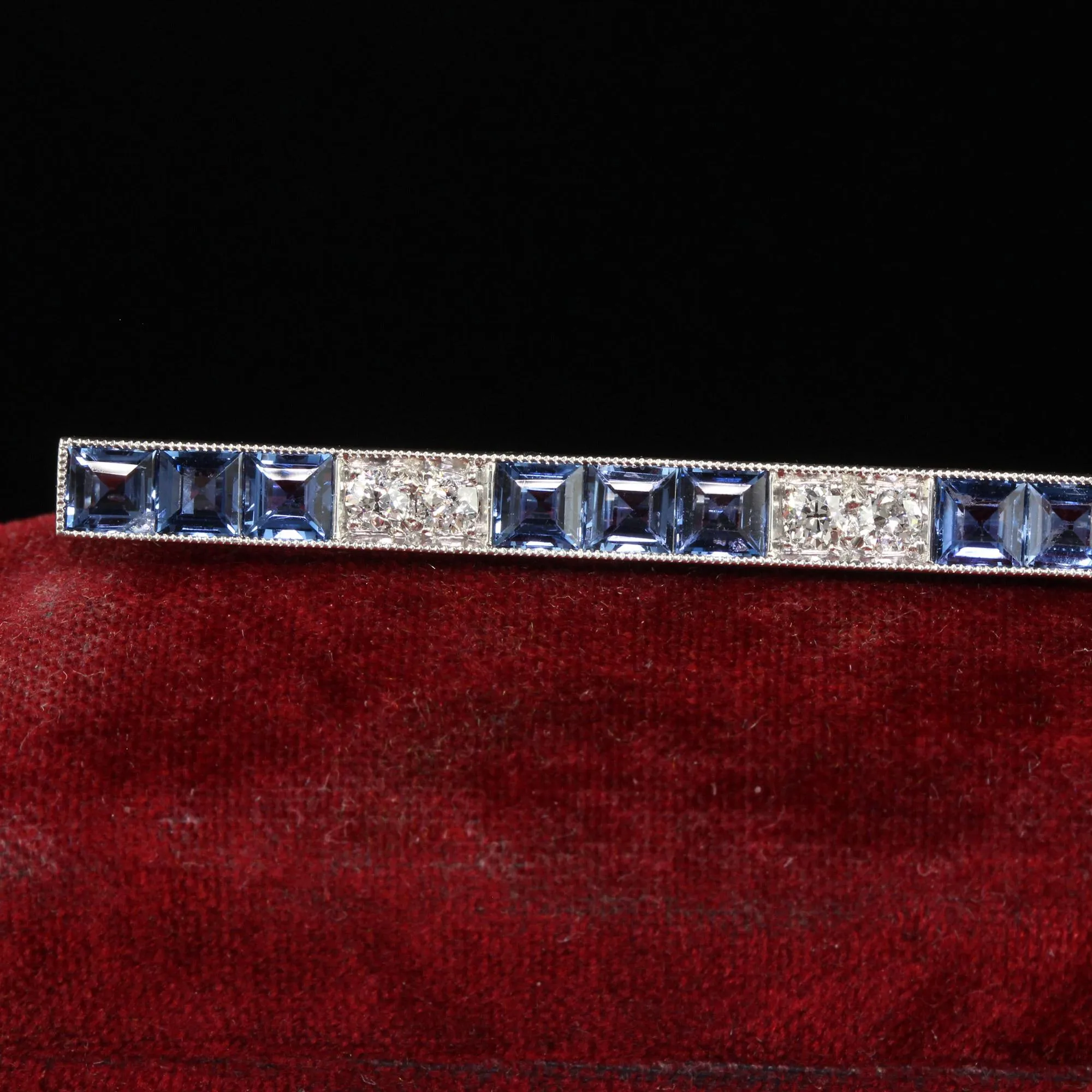 Antique Art Deco Platinum Yogo Gulch Sapphire Old Euro Diamond Bar Pin - GIA