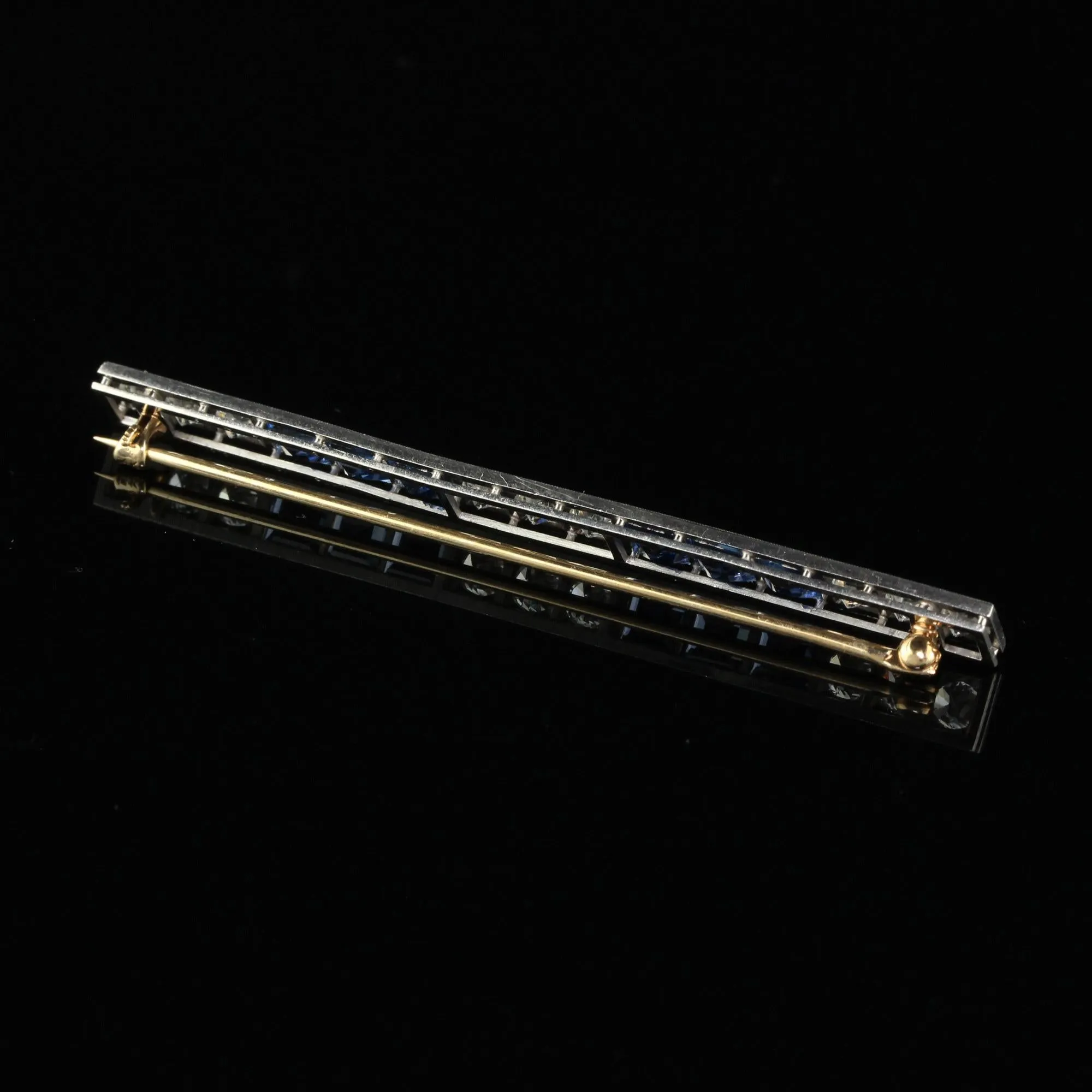 Antique Art Deco Platinum Yogo Gulch Sapphire Old Euro Diamond Bar Pin - GIA