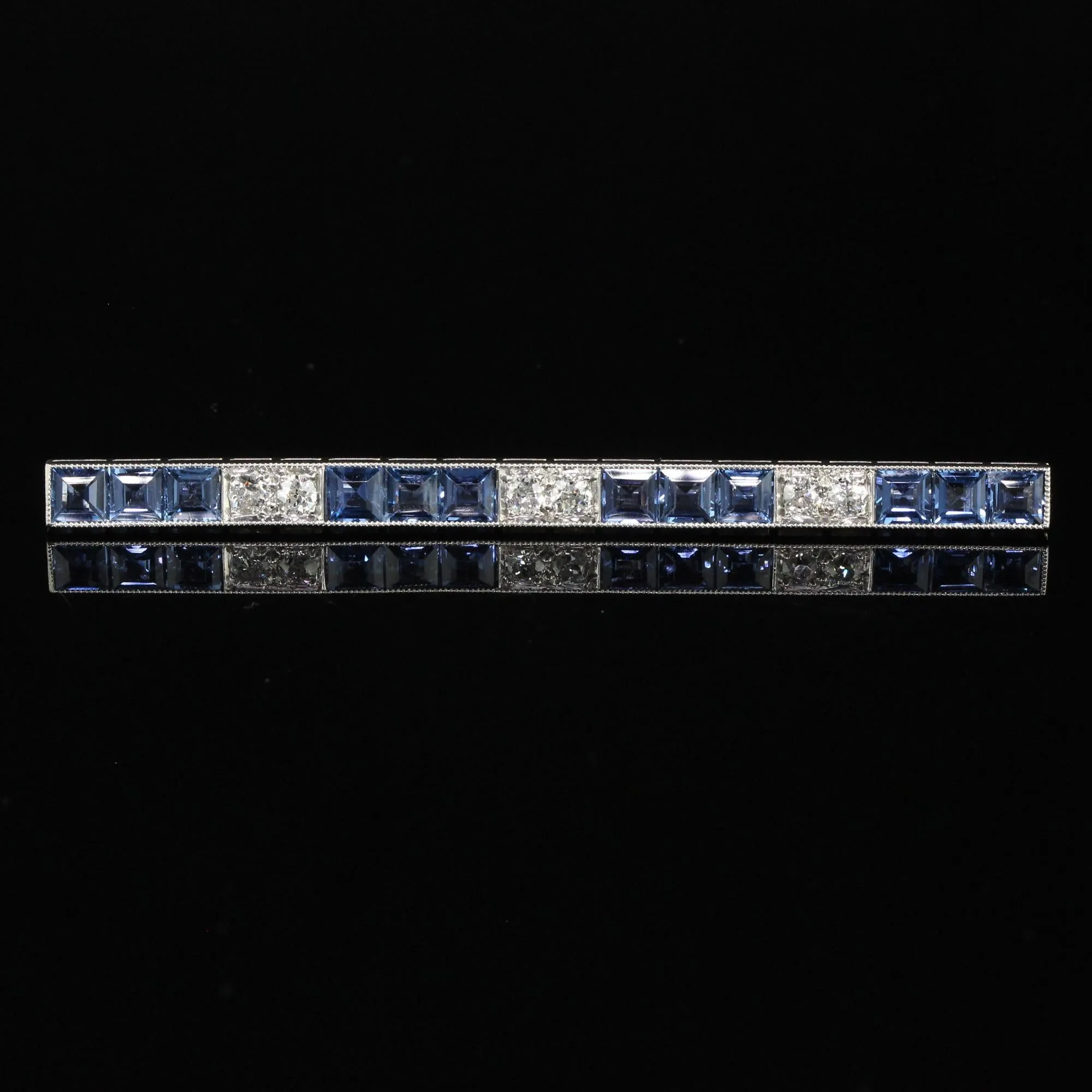Antique Art Deco Platinum Yogo Gulch Sapphire Old Euro Diamond Bar Pin - GIA