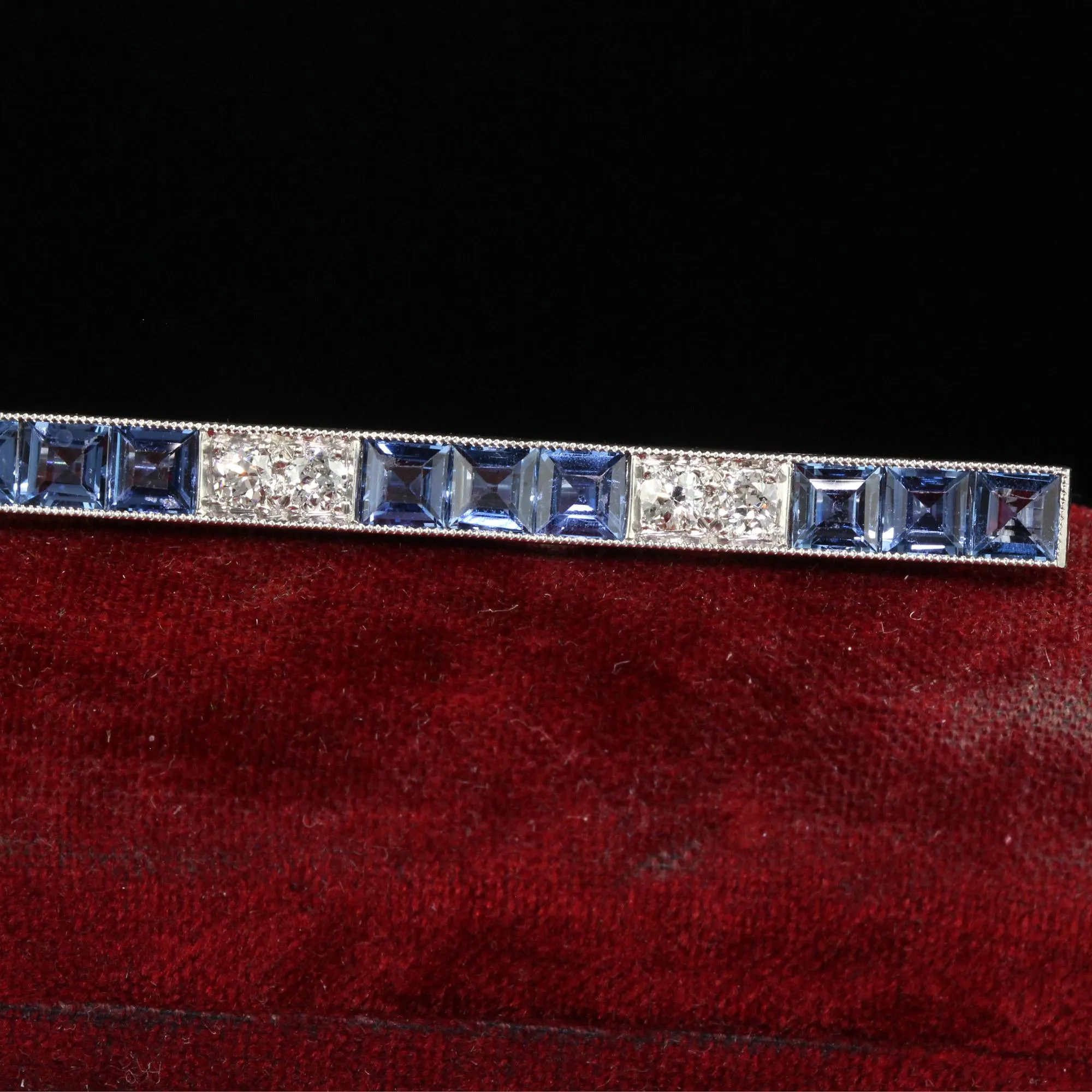 Antique Art Deco Platinum Yogo Gulch Sapphire Old Euro Diamond Bar Pin - GIA