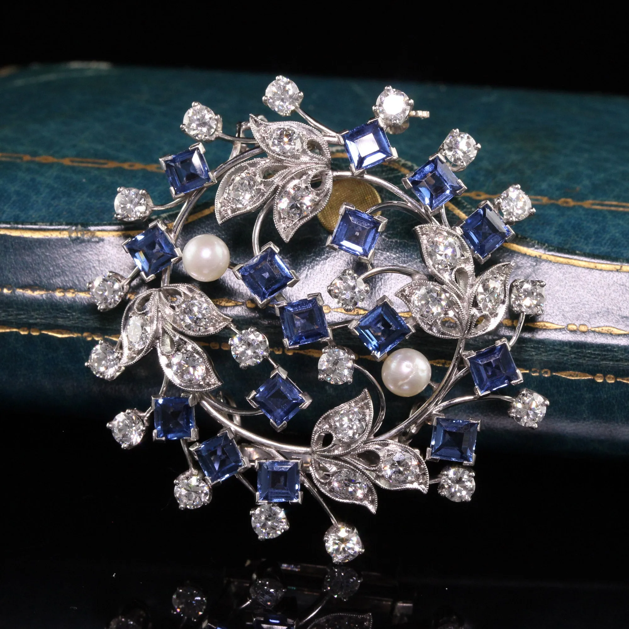Antique Art Deco Raymond Yard Platinum Old Cut Diamond Yogo Sapphire Pin Pendant - GIA