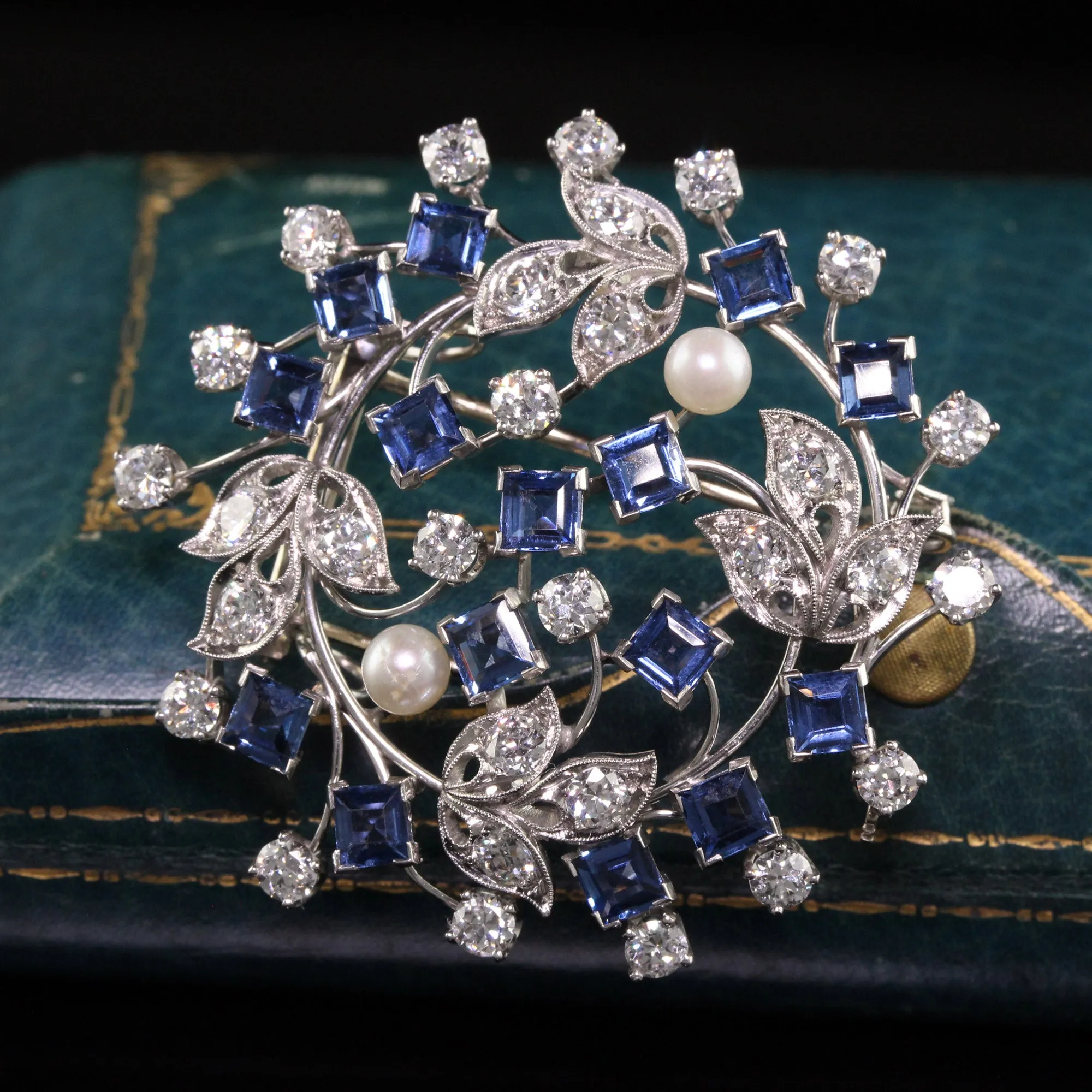 Antique Art Deco Raymond Yard Platinum Old Cut Diamond Yogo Sapphire Pin Pendant - GIA