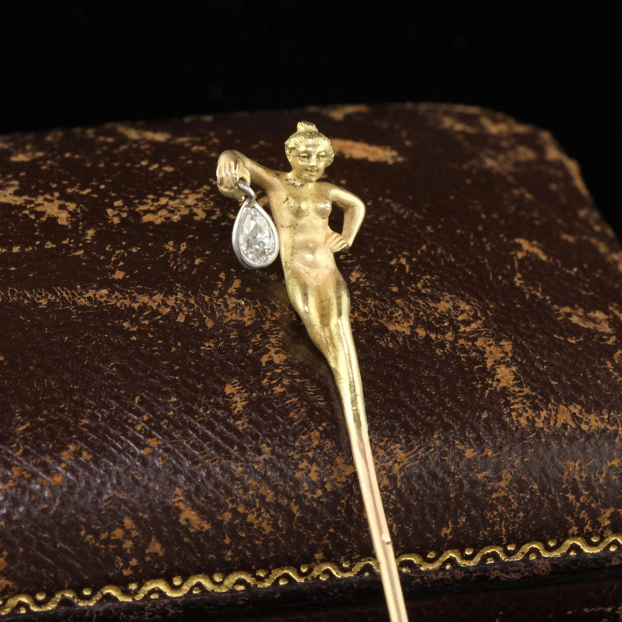 Antique Art Nouveau French 18K Gold Old Pear Diamond Lorette Woman Stick Pin