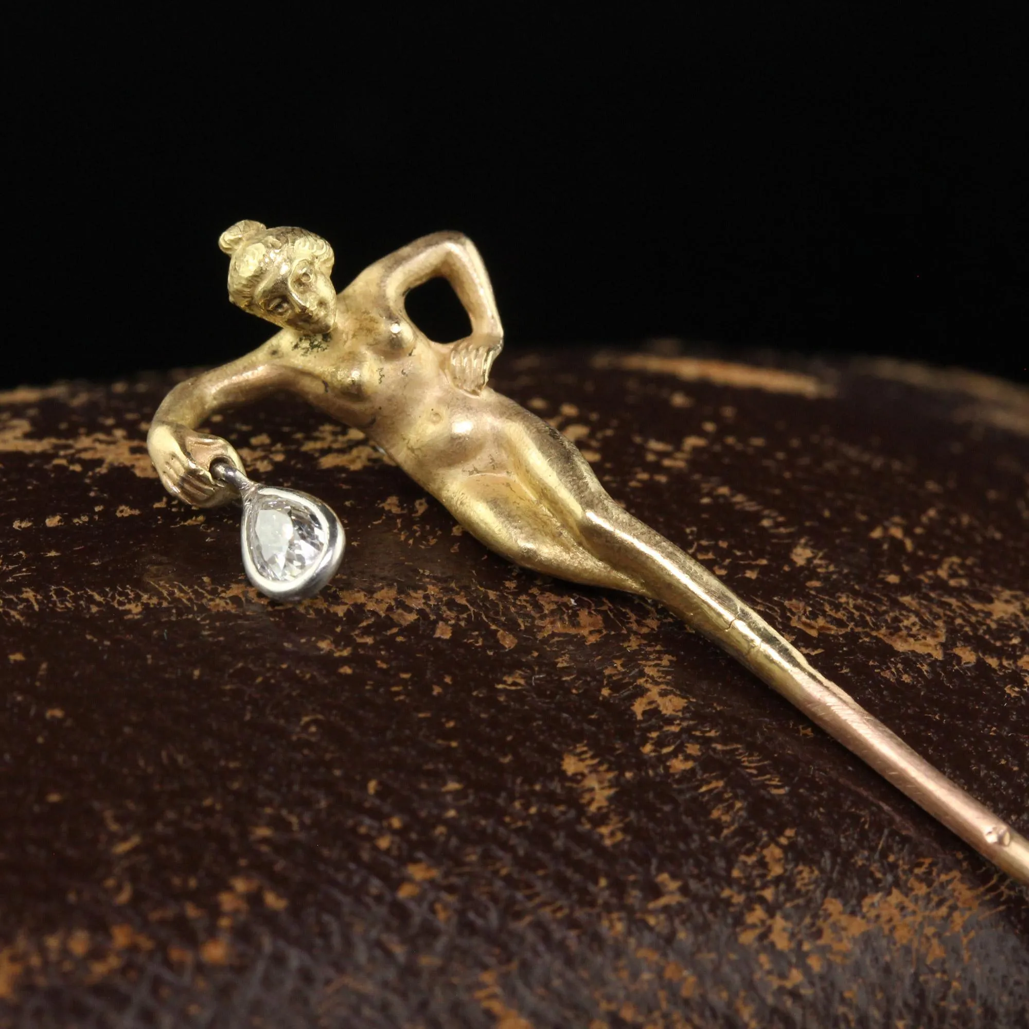 Antique Art Nouveau French 18K Gold Old Pear Diamond Lorette Woman Stick Pin