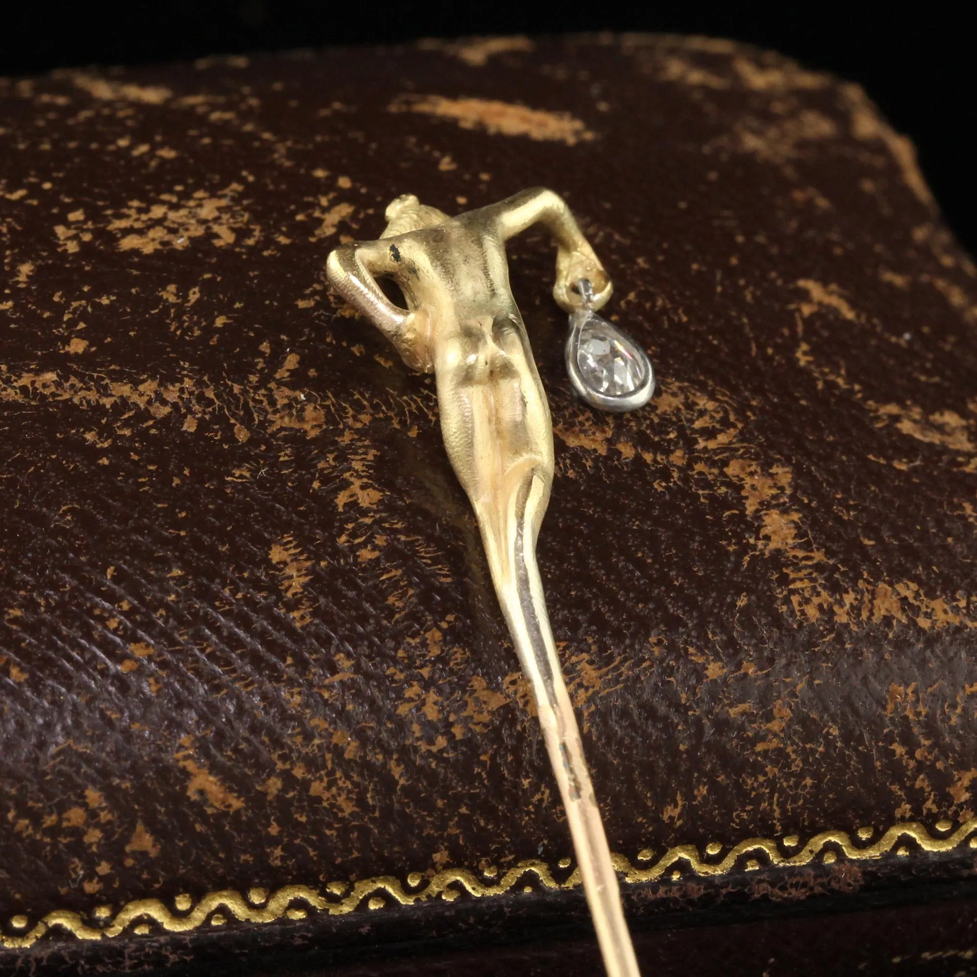 Antique Art Nouveau French 18K Gold Old Pear Diamond Lorette Woman Stick Pin