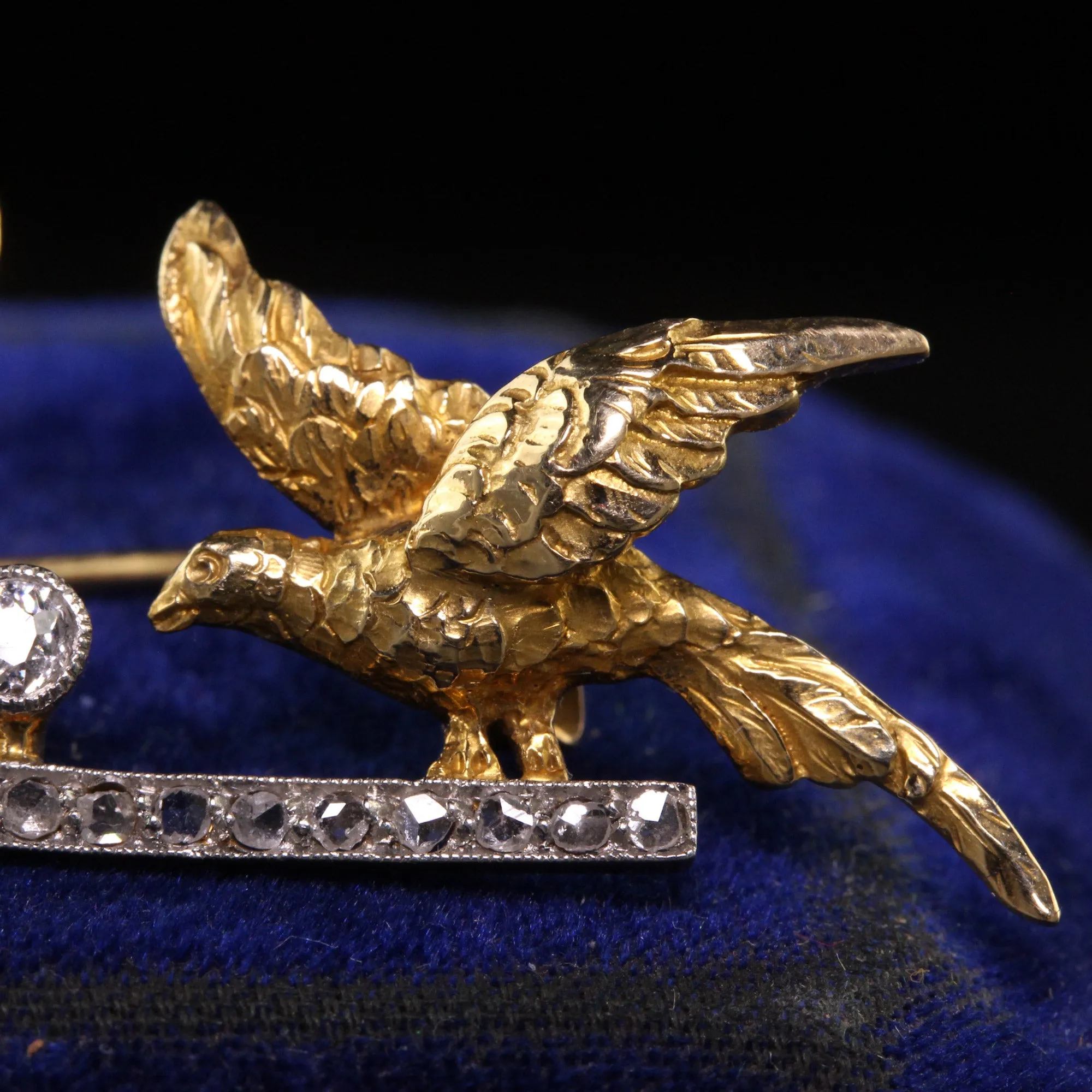 Antique Edwardian 18K Yellow Gold Platinum Top Rose Cut Double Bird Pin