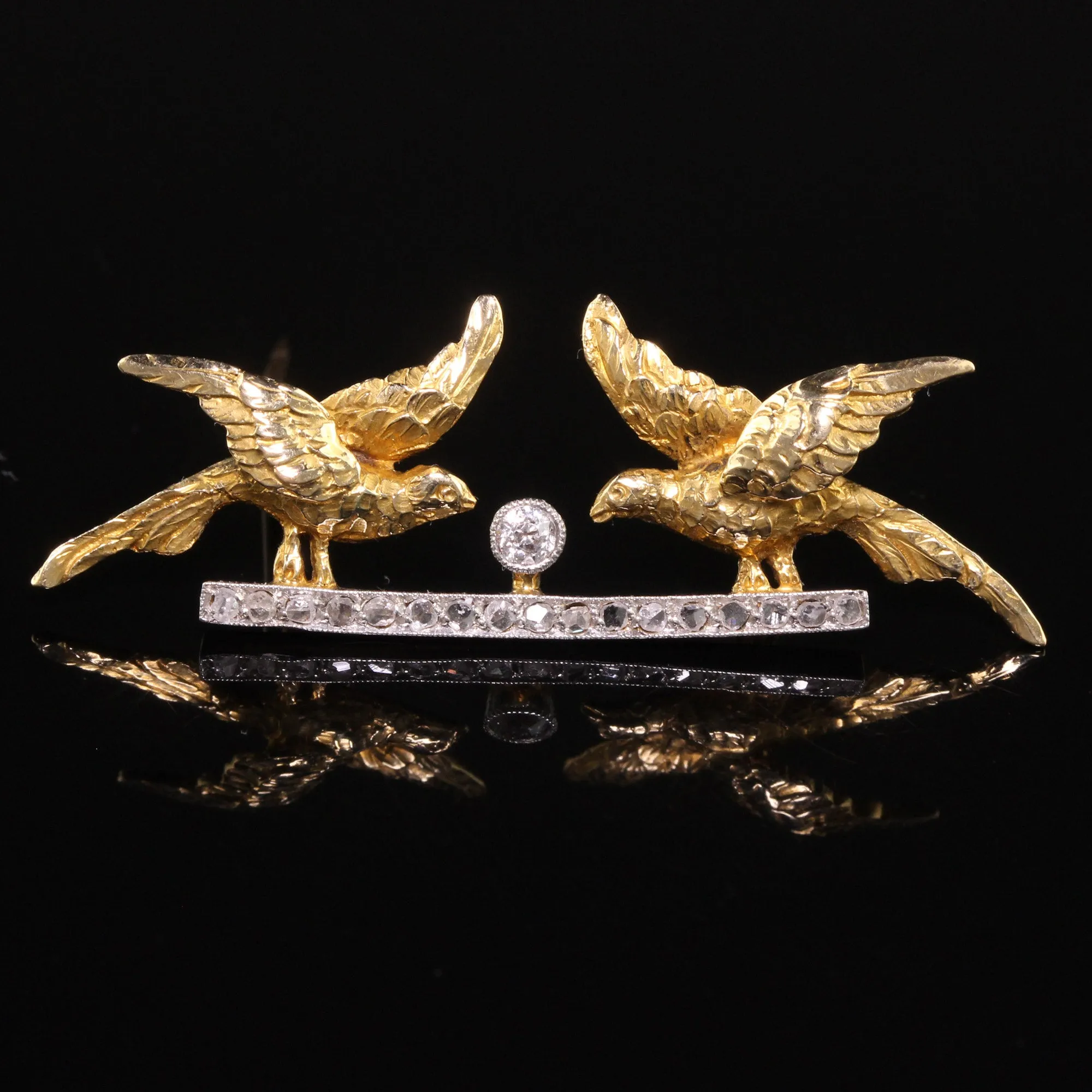 Antique Edwardian 18K Yellow Gold Platinum Top Rose Cut Double Bird Pin