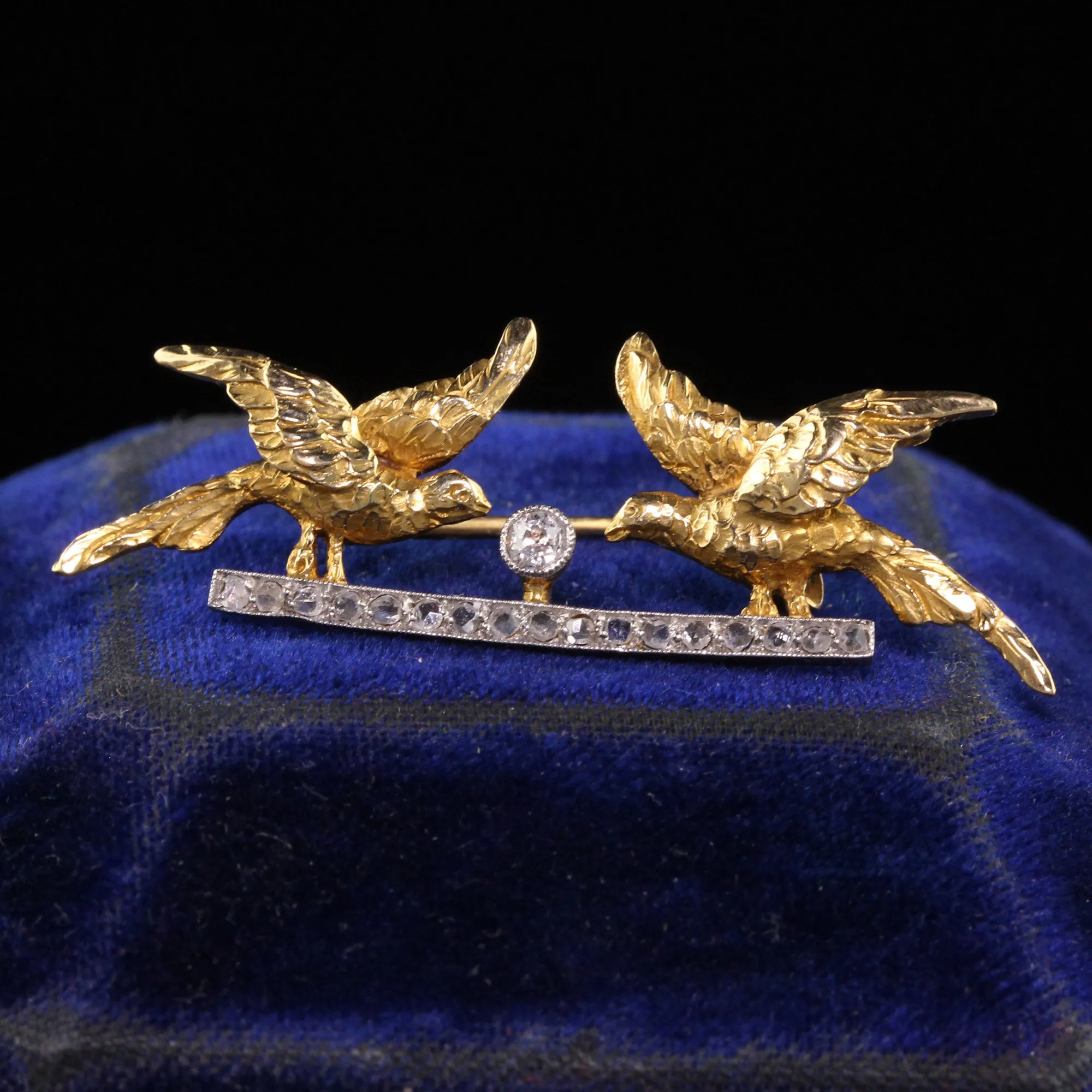 Antique Edwardian 18K Yellow Gold Platinum Top Rose Cut Double Bird Pin