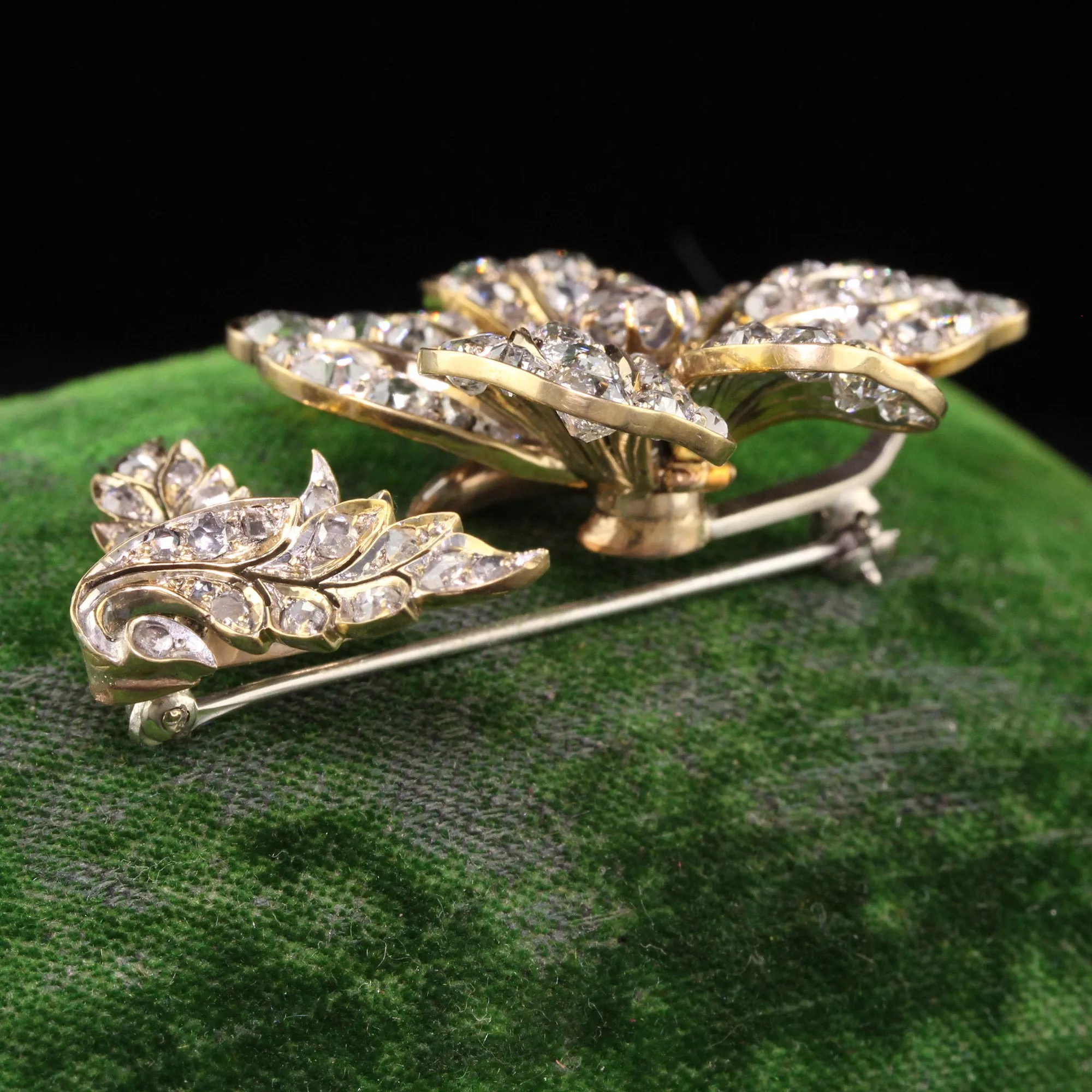 Antique Victorian 18K Yellow Gold Old Mine Diamond En Tremblant Flower Pin
