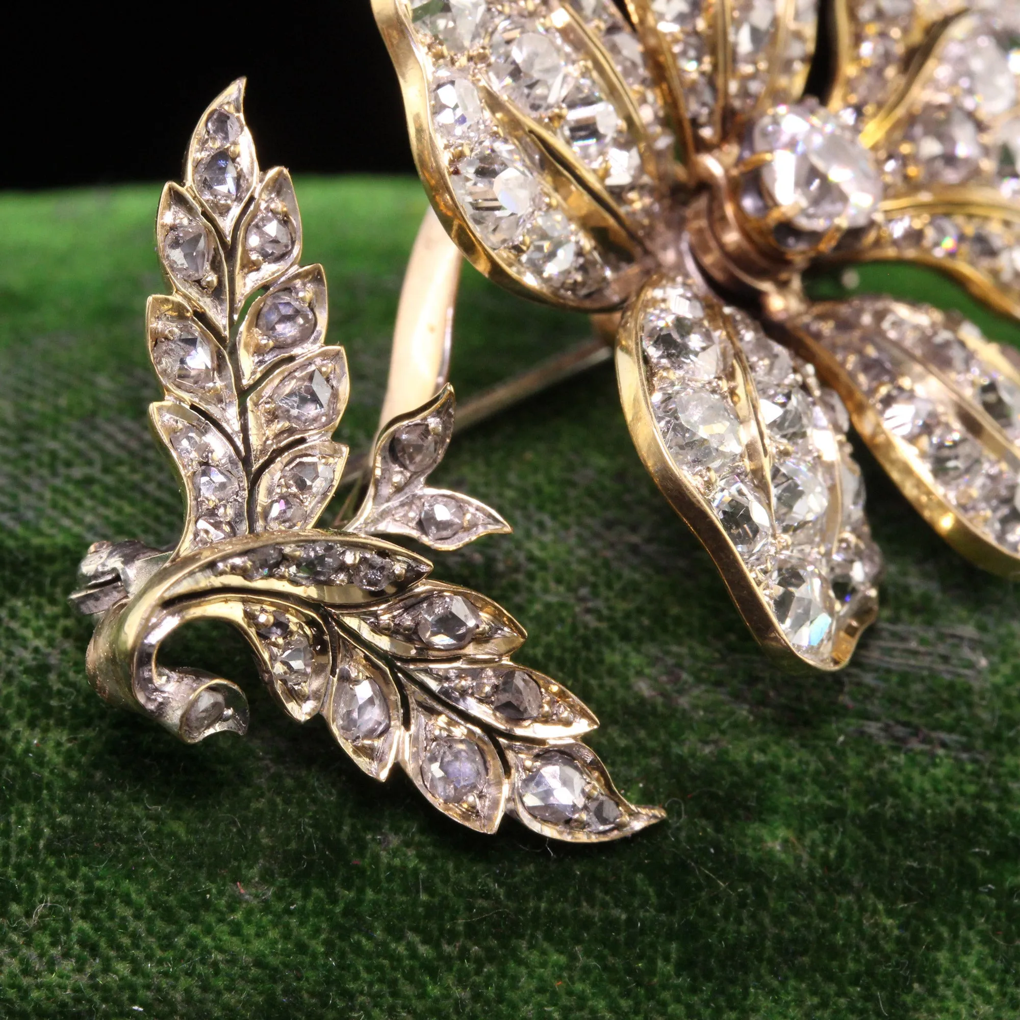 Antique Victorian 18K Yellow Gold Old Mine Diamond En Tremblant Flower Pin