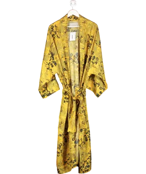 Asceno Yellow Athens Belted Floral Print Silk Robe UK S/M