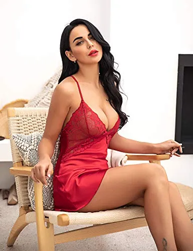 Avidlove Women Bridal Robe Satin Nightgown Lace Lingerie Set Sexy Babydoll V Neck Sleepwear Strap Chemise L, Red