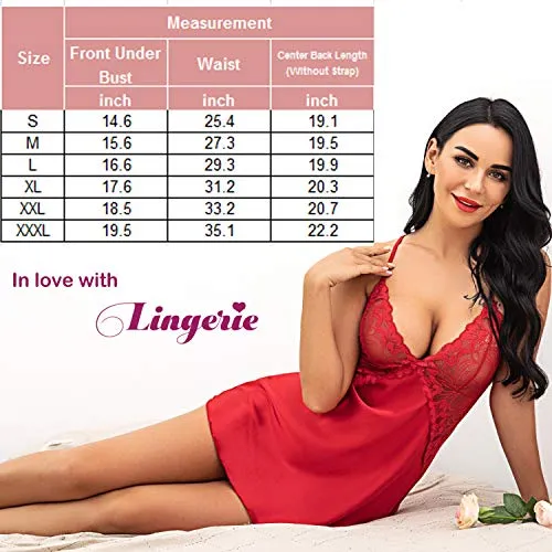 Avidlove Women Bridal Robe Satin Nightgown Lace Lingerie Set Sexy Babydoll V Neck Sleepwear Strap Chemise L, Red