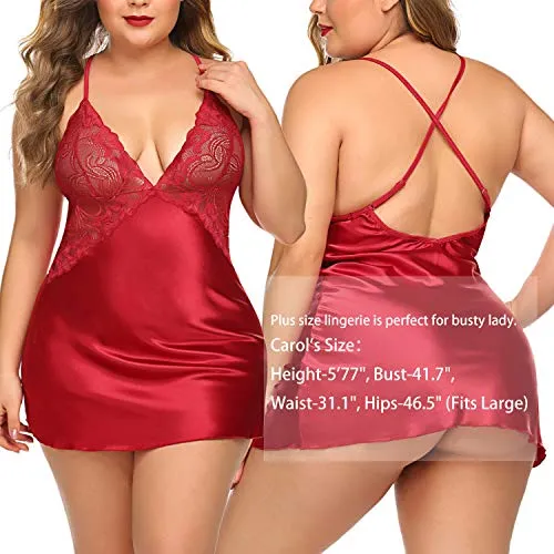 Avidlove Women Bridal Robe Satin Nightgown Lace Lingerie Set Sexy Babydoll V Neck Sleepwear Strap Chemise L, Red