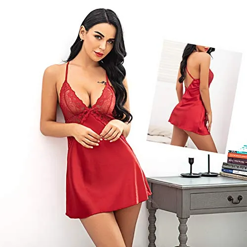 Avidlove Women Bridal Robe Satin Nightgown Lace Lingerie Set Sexy Babydoll V Neck Sleepwear Strap Chemise L, Red