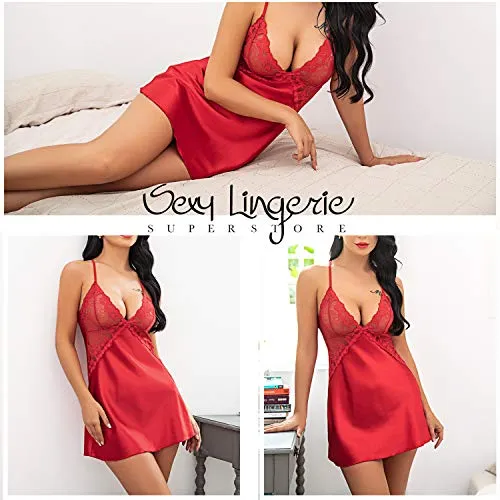 Avidlove Women Bridal Robe Satin Nightgown Lace Lingerie Set Sexy Babydoll V Neck Sleepwear Strap Chemise L, Red