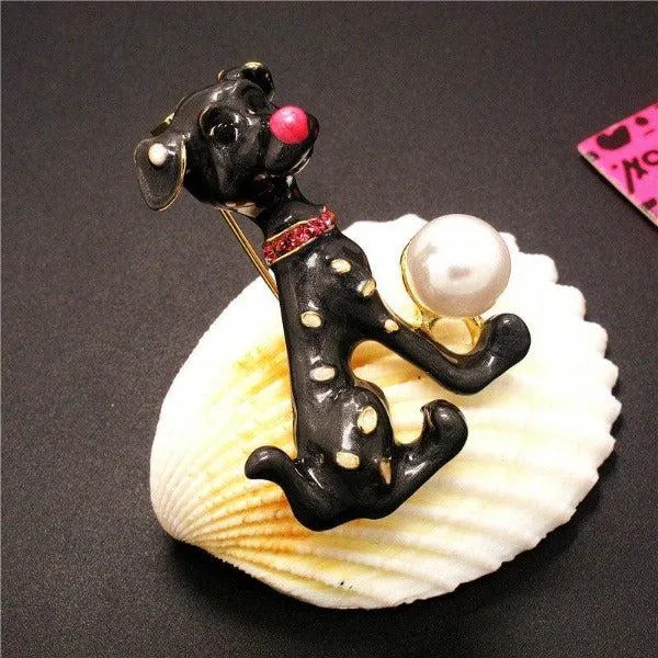Betsey Johnson Spotted Dog Black Enamel Pearl Ball Brooch Pin