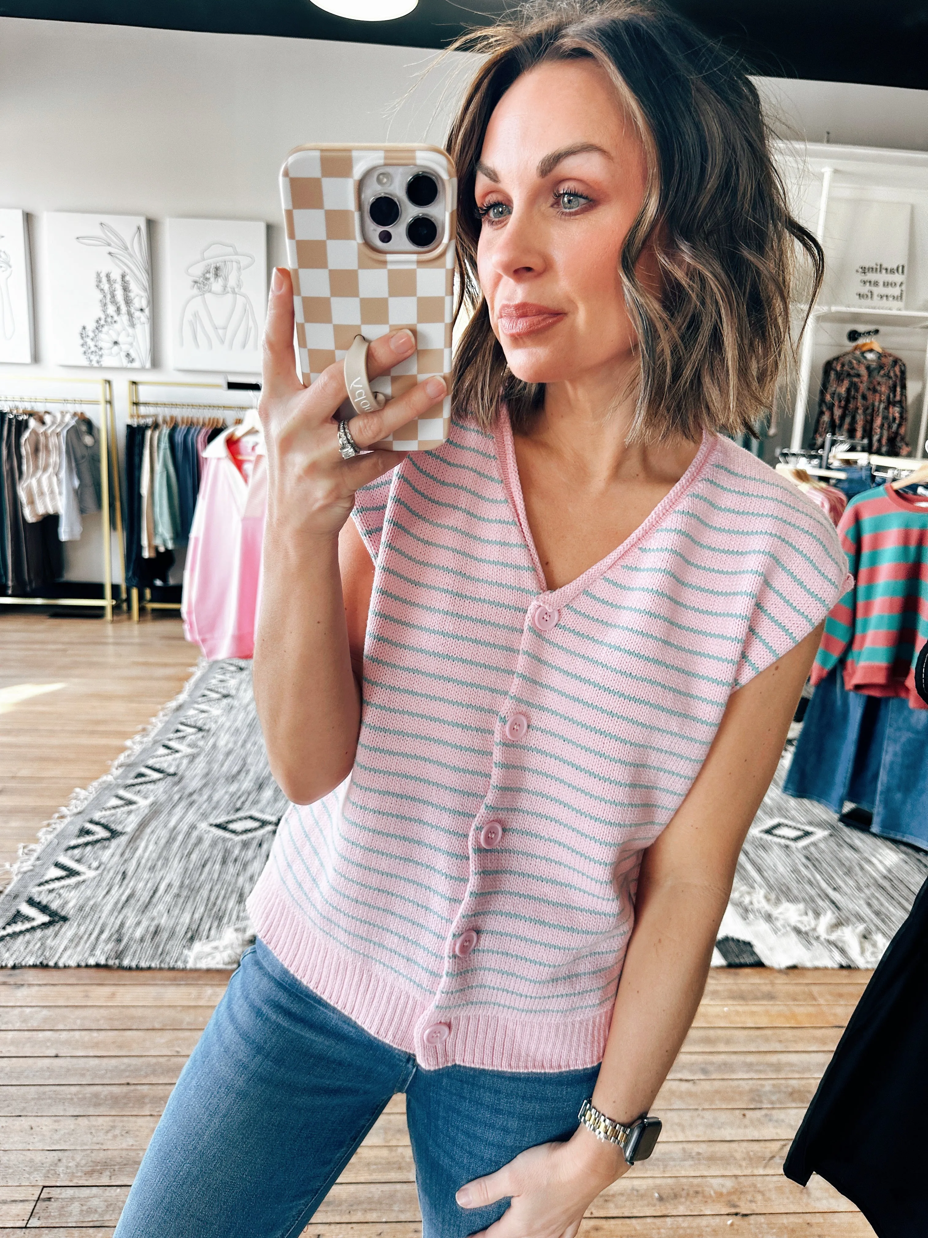 Beverly Striped Button-Up Sweater Top
