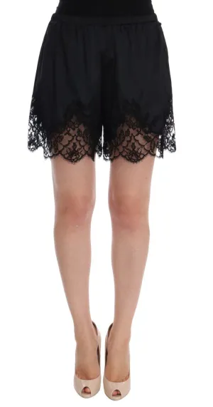 Black Floral Lace Silk Sleepwear Shorts