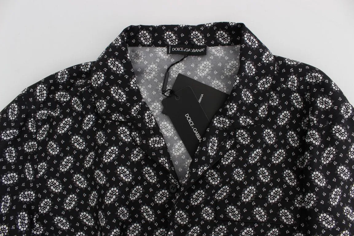 Black Floral Print Silk Pajama Shirt