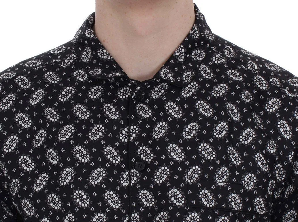 Black Floral Print Silk Pajama Shirt