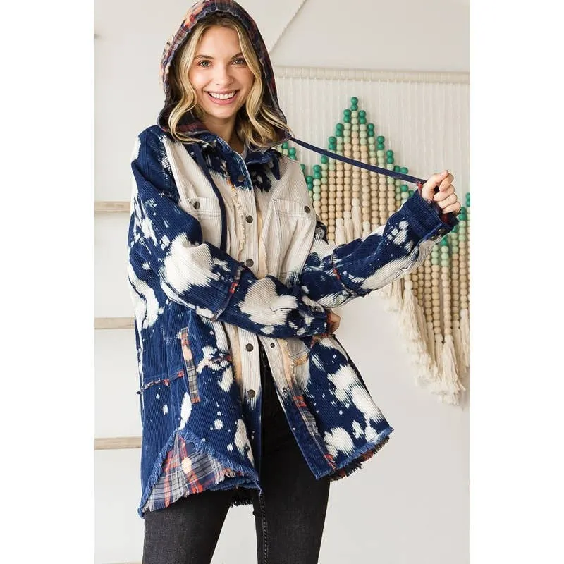 Bleached Long Sleeve Corduroy Hooded Oli&Hali Jacket: Navy