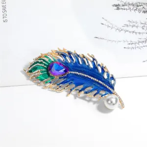 Blue Crystal & Cubic Zirconia Feather Brooch