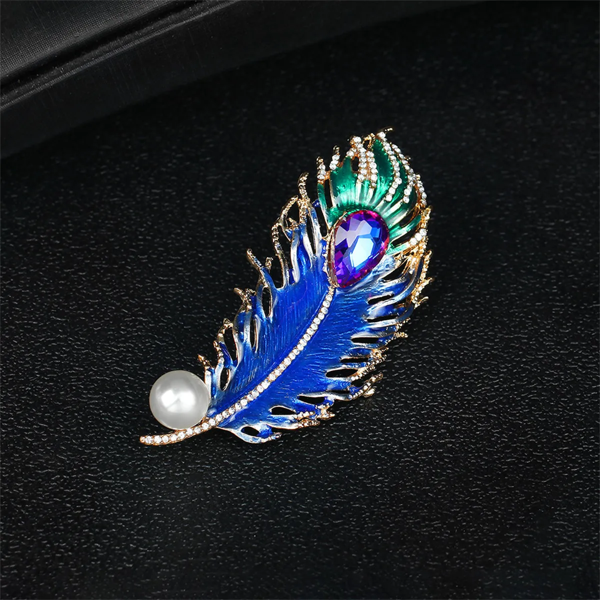 Blue Crystal & Cubic Zirconia Feather Brooch