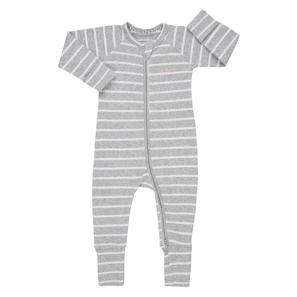 BONDS Ribbed Zip Wondersuit Baby Romper - Stripe Grey Marl / White